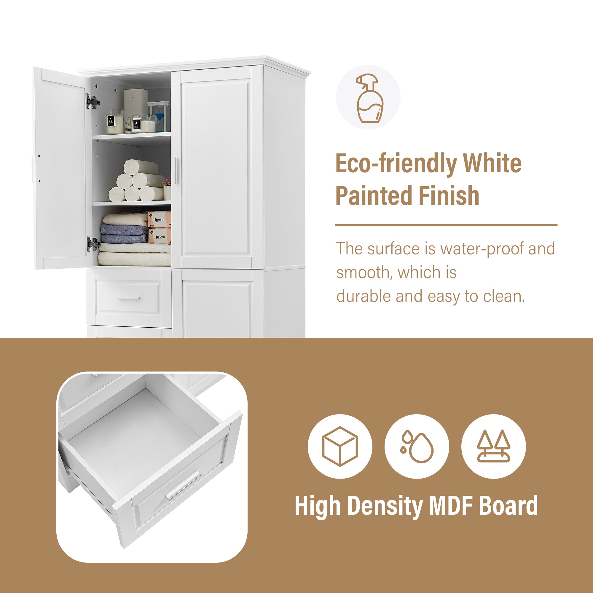Tall and Wide Storage Cabinet with Doors for Bathroom/Office with Three Drawers