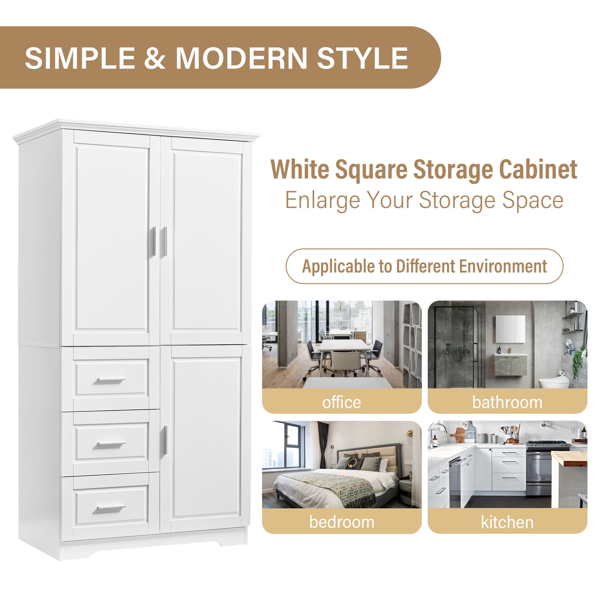Tall and Wide Storage Cabinet with Doors for Bathroom/Office with Three Drawers
