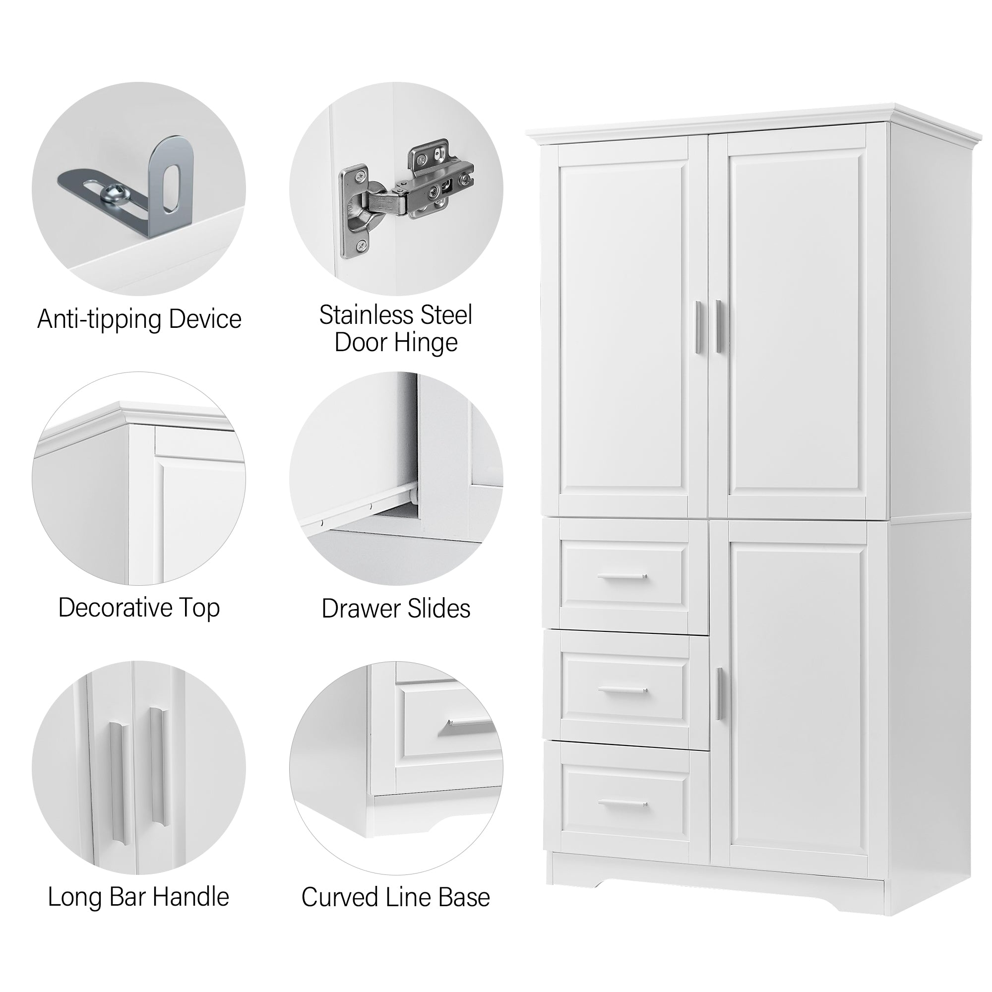 Tall and Wide Storage Cabinet with Doors for Bathroom/Office with Three Drawers
