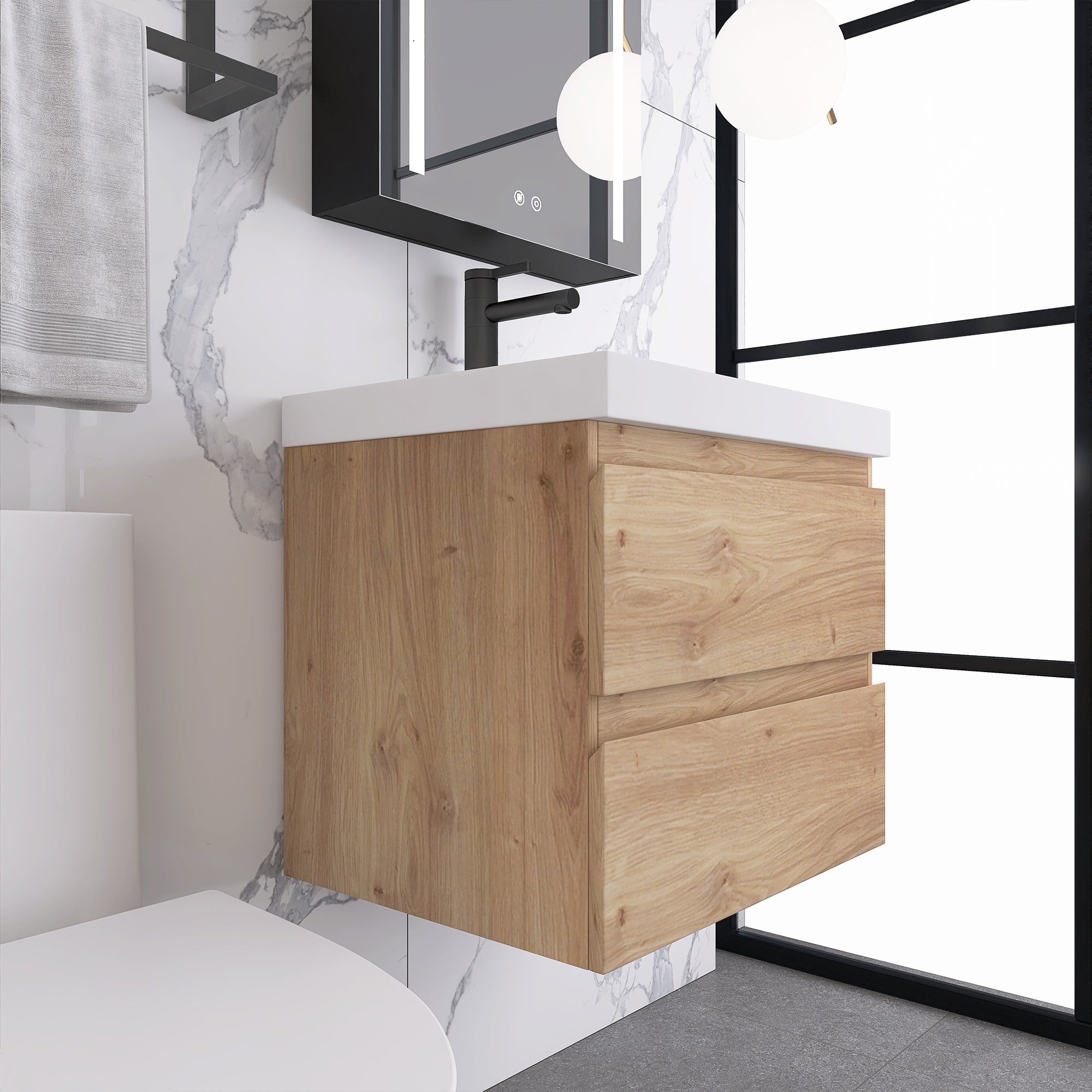 JimsMaison Wall-Mounted 2-drawer Bathroom Vanity Set with Integrated Resin Sink