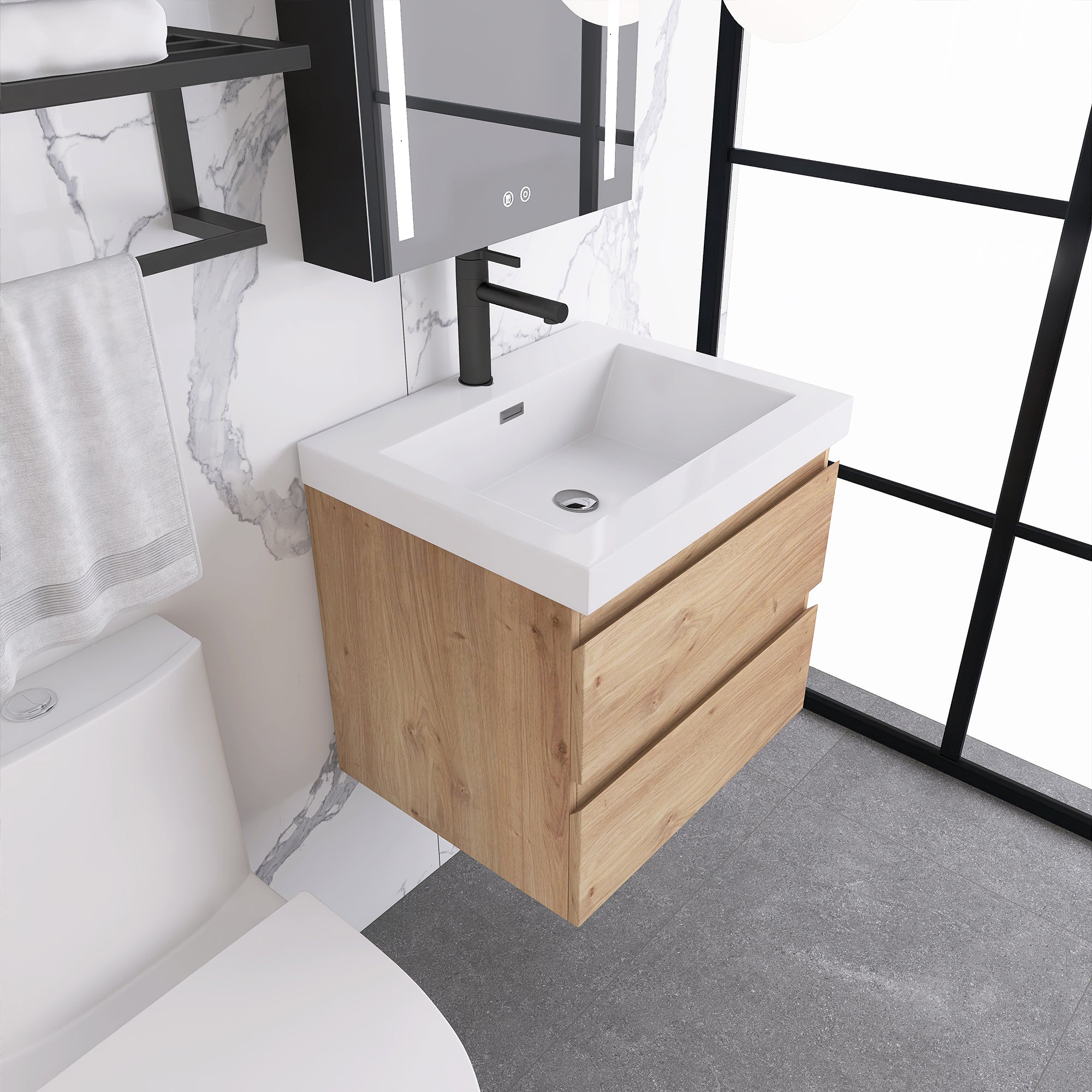 JimsMaison Wall-Mounted 2-drawer Bathroom Vanity Set with Integrated Resin Sink