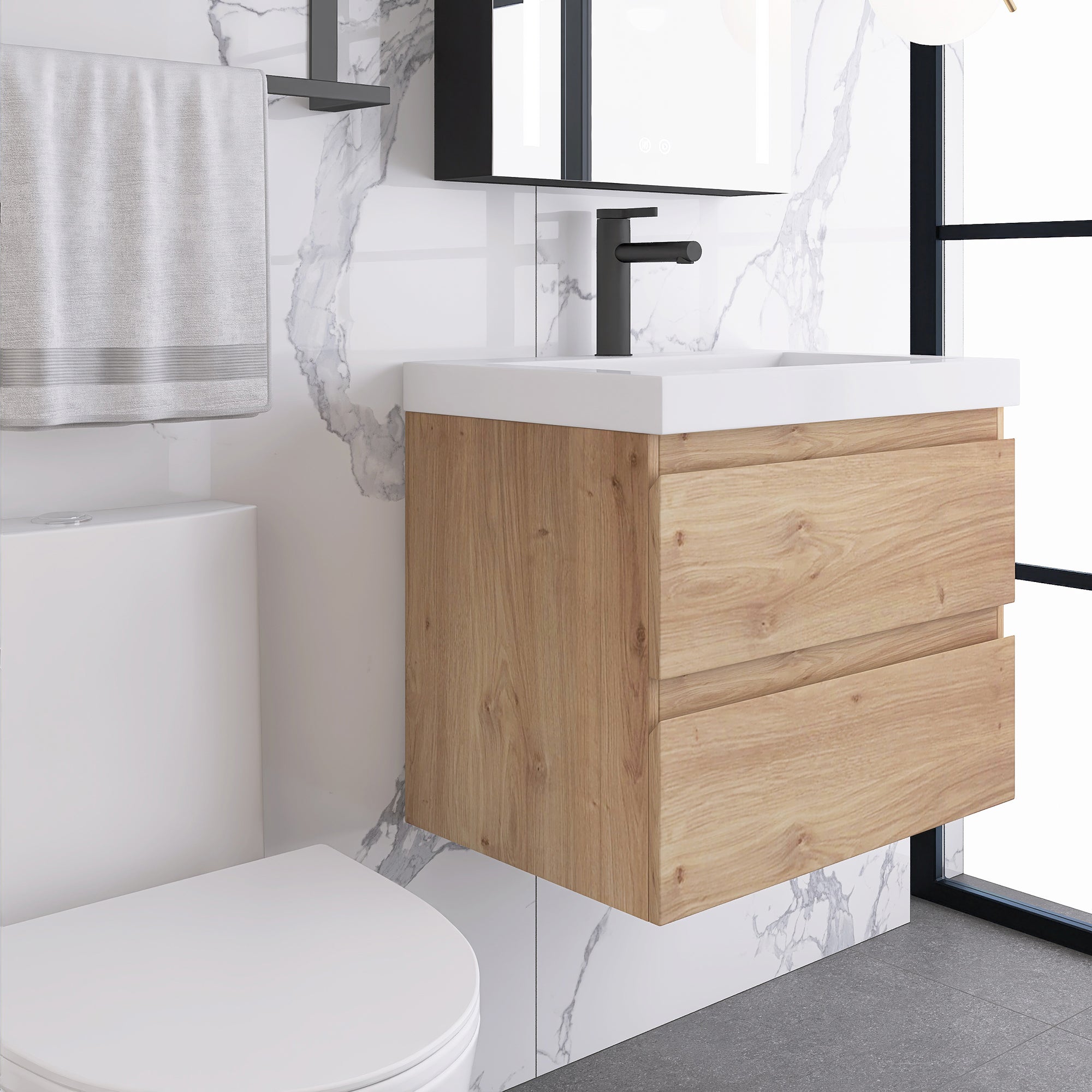 JimsMaison Wall-Mounted 2-drawer Bathroom Vanity Set with Integrated Resin Sink