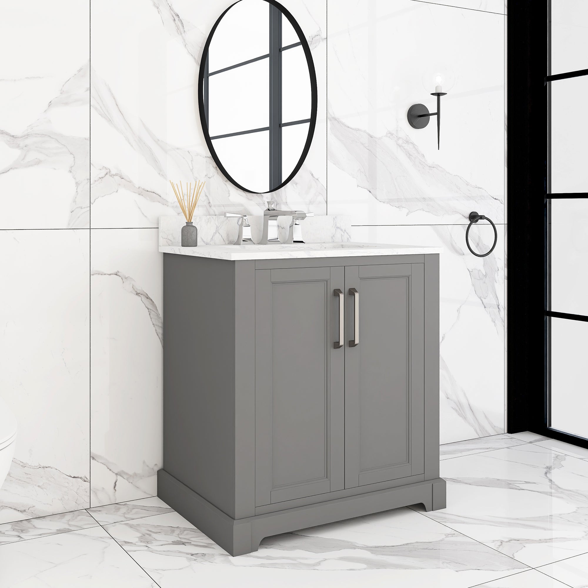 30 in. W x 22 in. D x 33 in. H Bath Vanity in Grey with Carrara White Marble Top