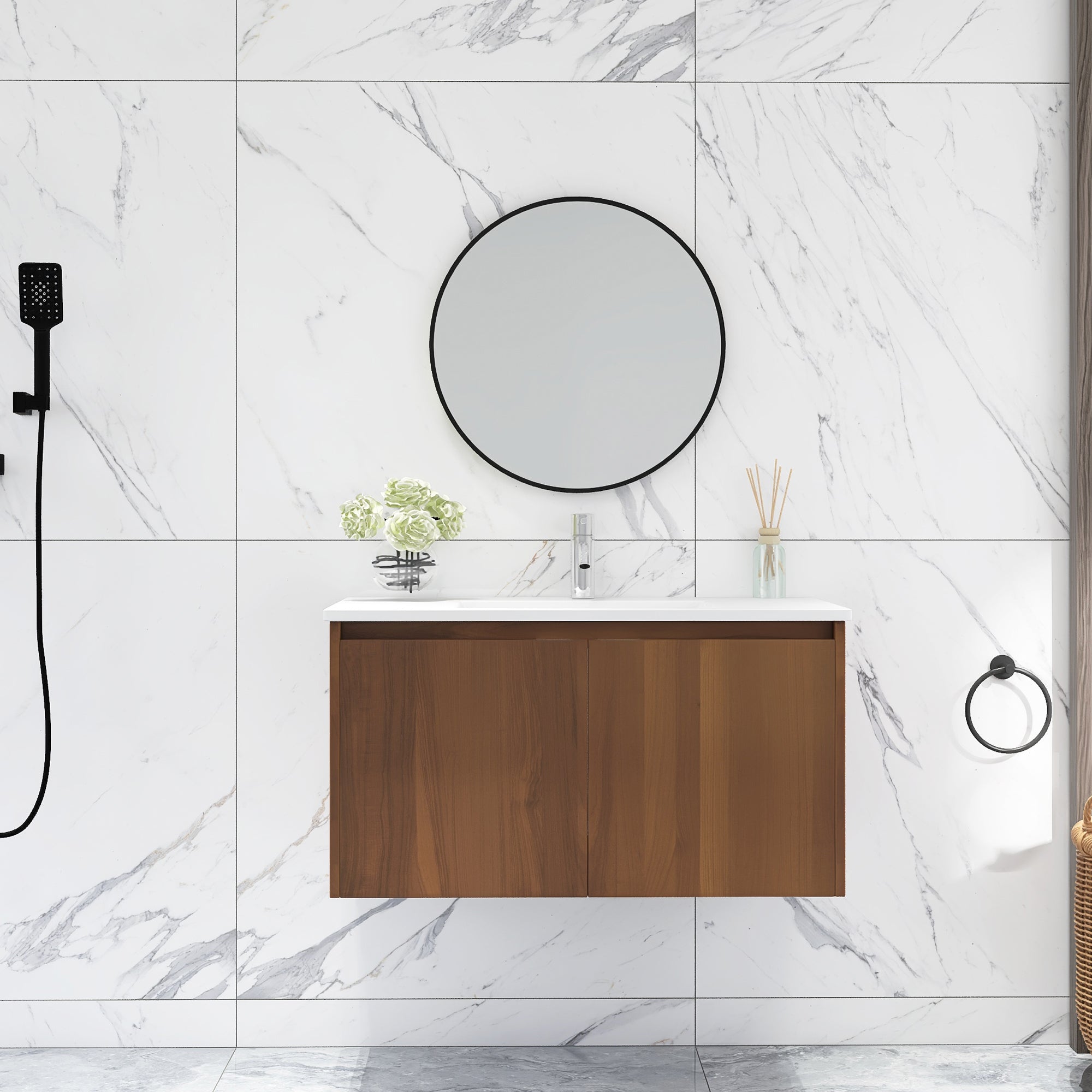36 in. W x 18 in. D Bath Vanity Set in Brown with Ceramic Vanity Top in White with White Basin