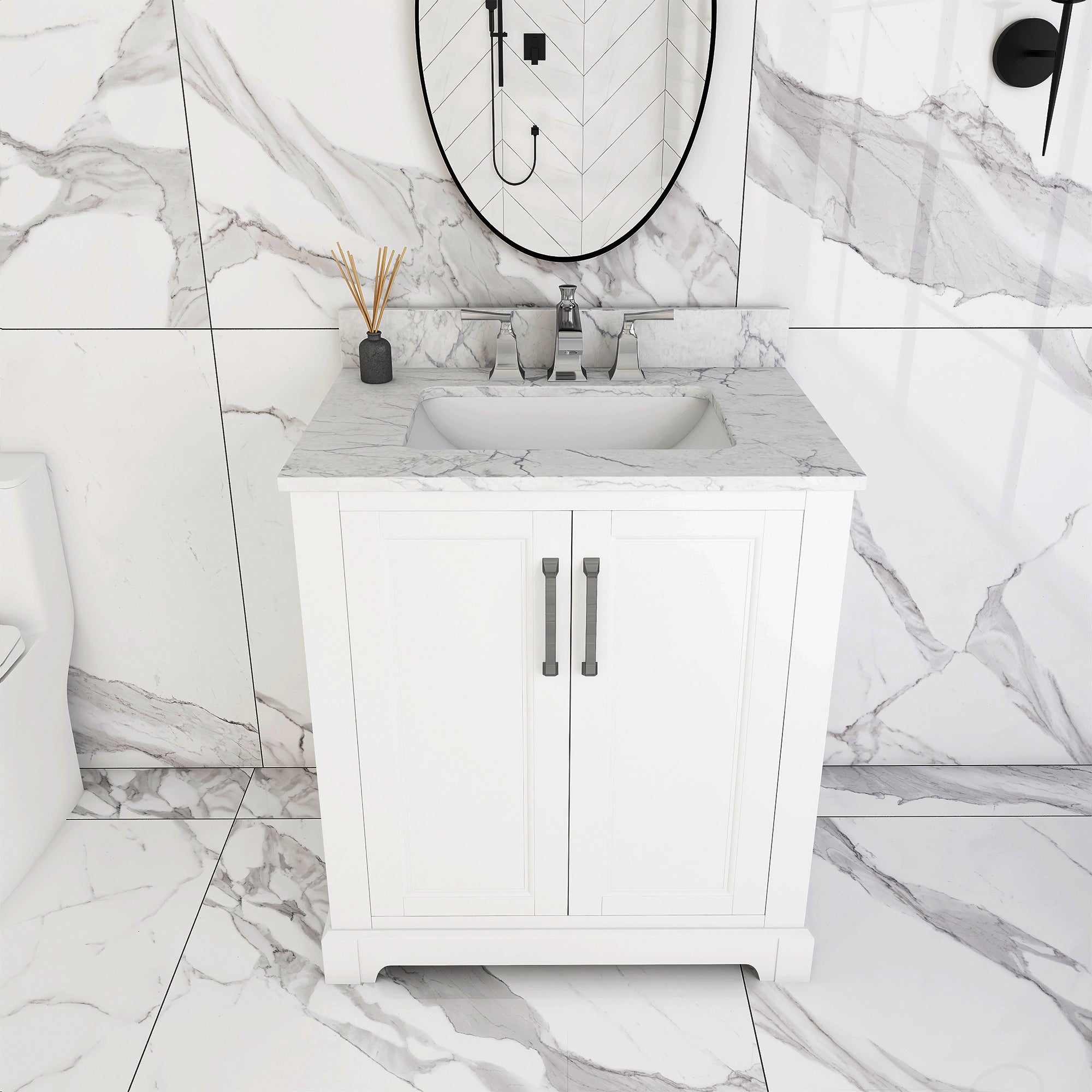30 in. W x 22 in. D x 33 in. H Bath Vanity in White with Carrara White Marble Top