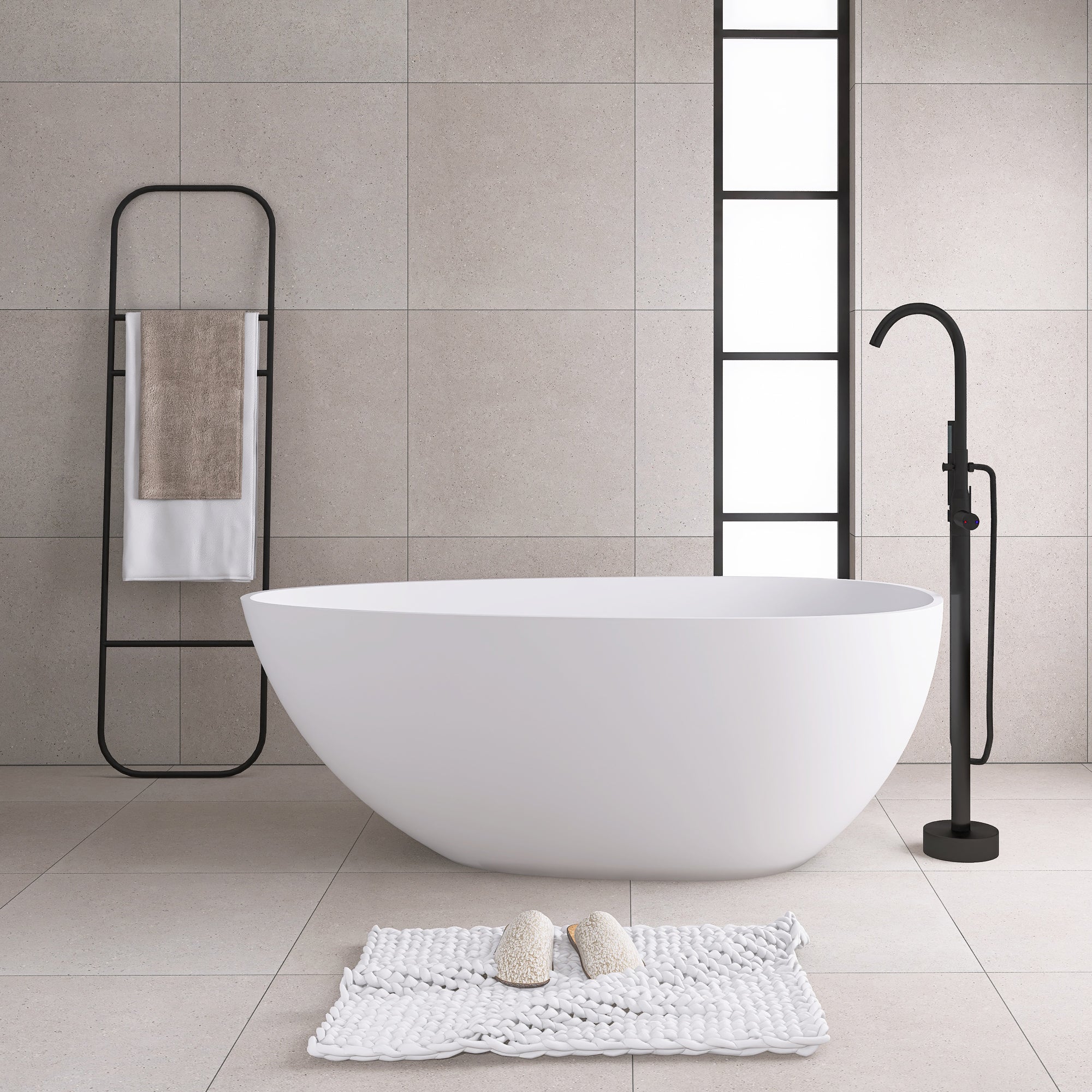 59 in. W Solid Surface Freestanding Flatbottom Soaking Bathtub in Matte White