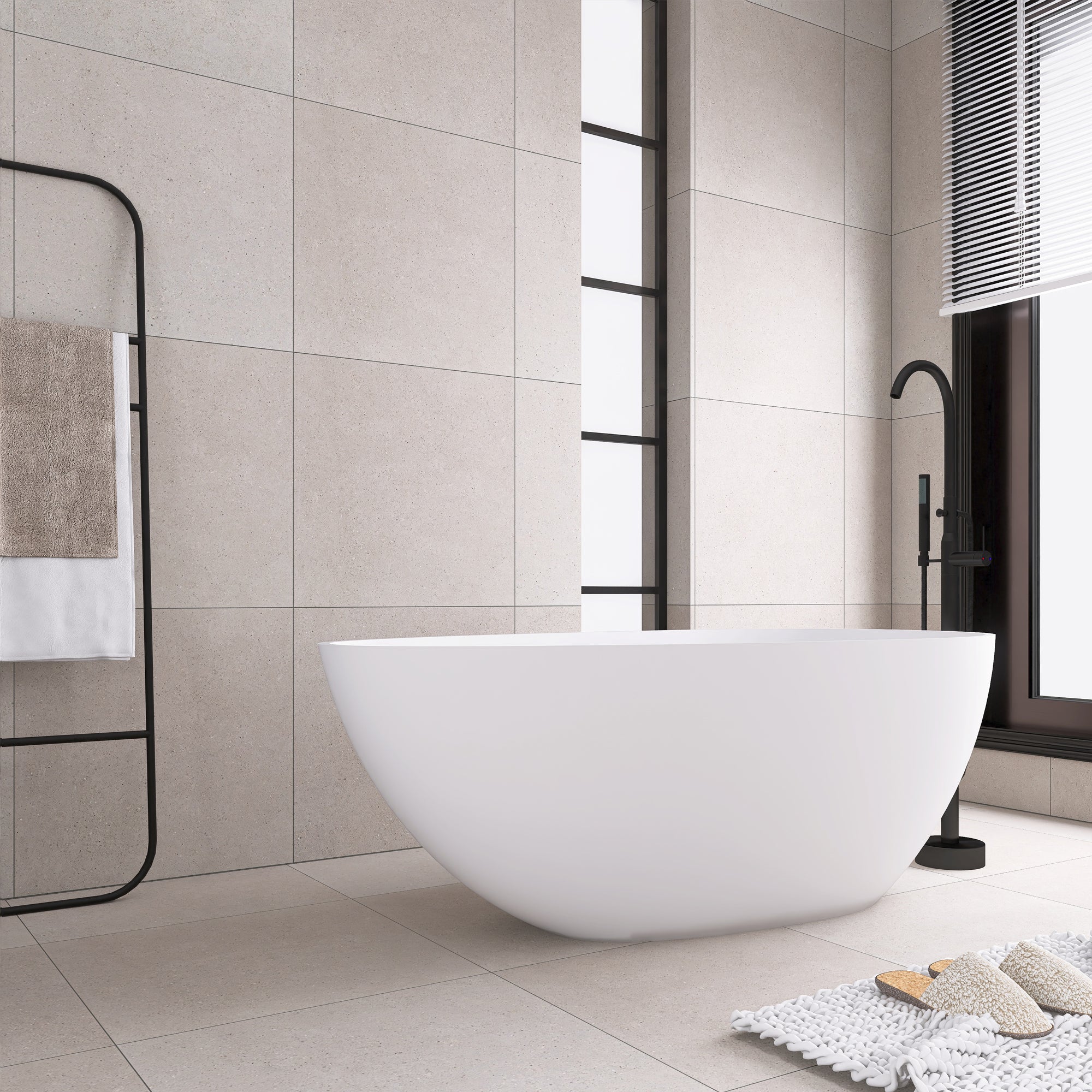 59 in. W Solid Surface Freestanding Flatbottom Soaking Bathtub in Matte White