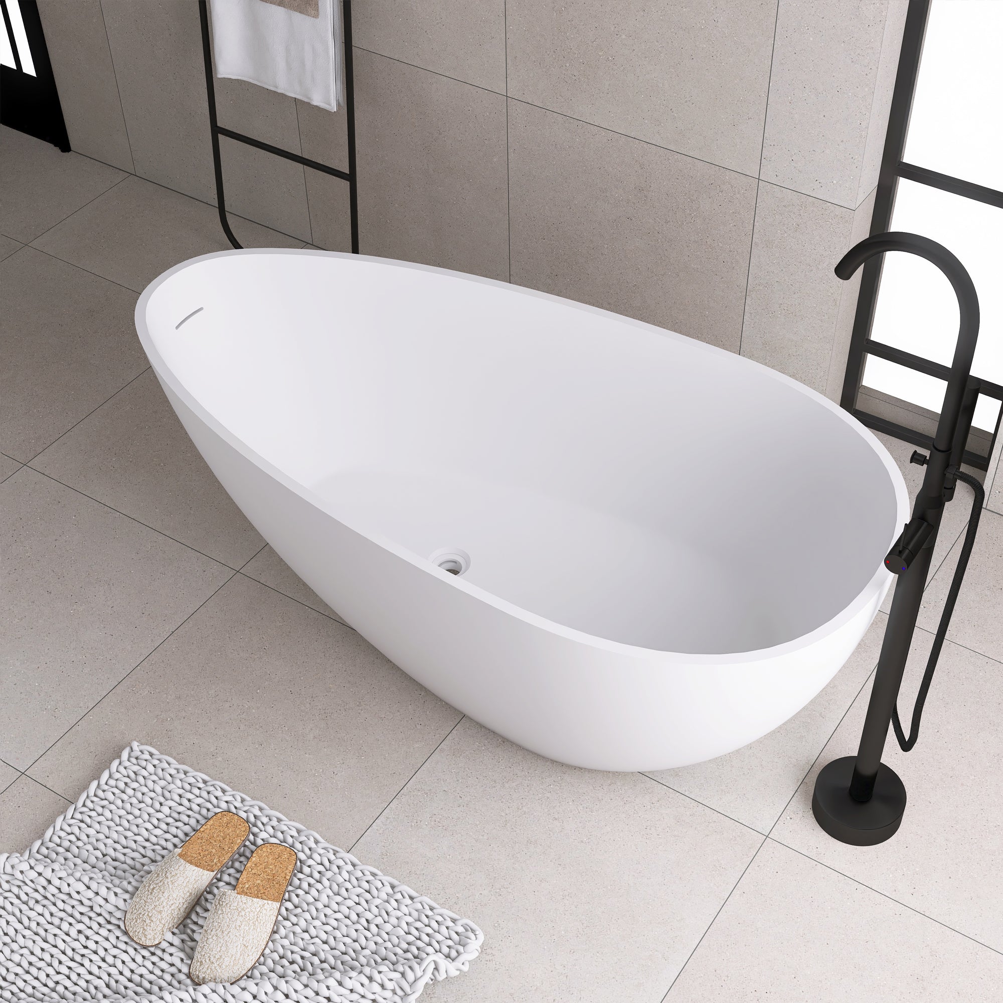 59 in. W Solid Surface Freestanding Flatbottom Soaking Bathtub in Matte White