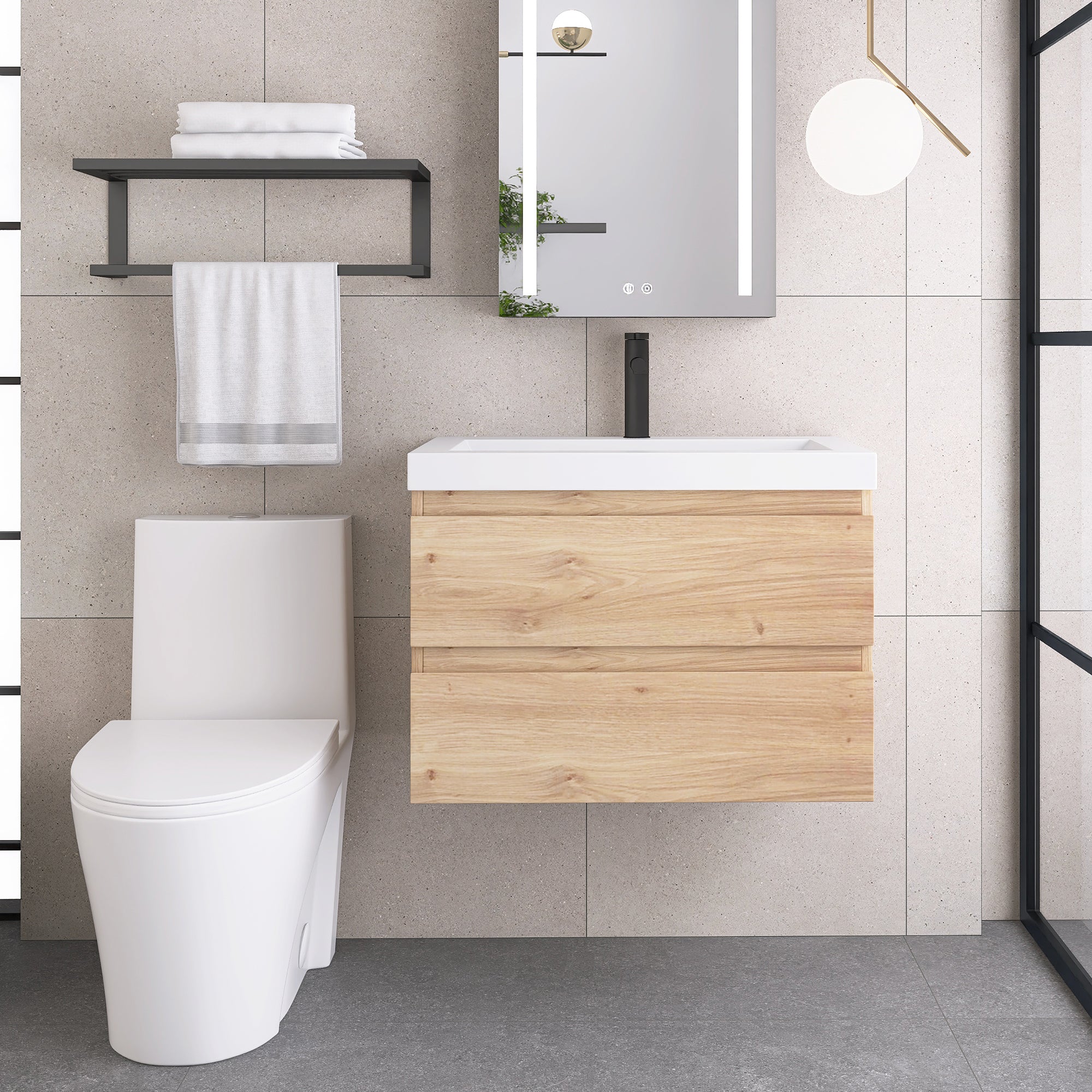 JimsMaison Wall-Mounted 2-drawer Bathroom Vanity Set with Integrated Resin Sink