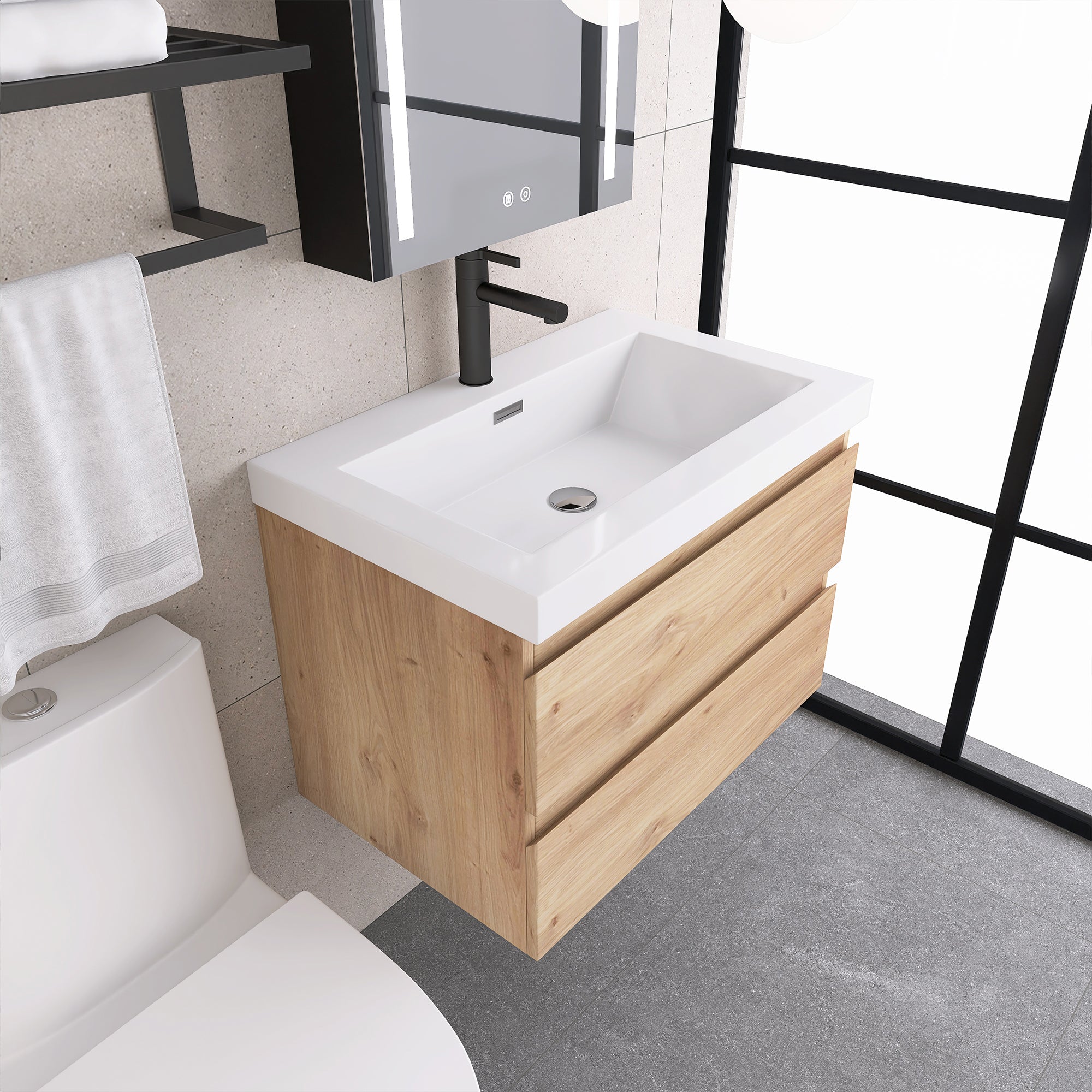 JimsMaison Wall-Mounted 2-drawer Bathroom Vanity Set with Integrated Resin Sink