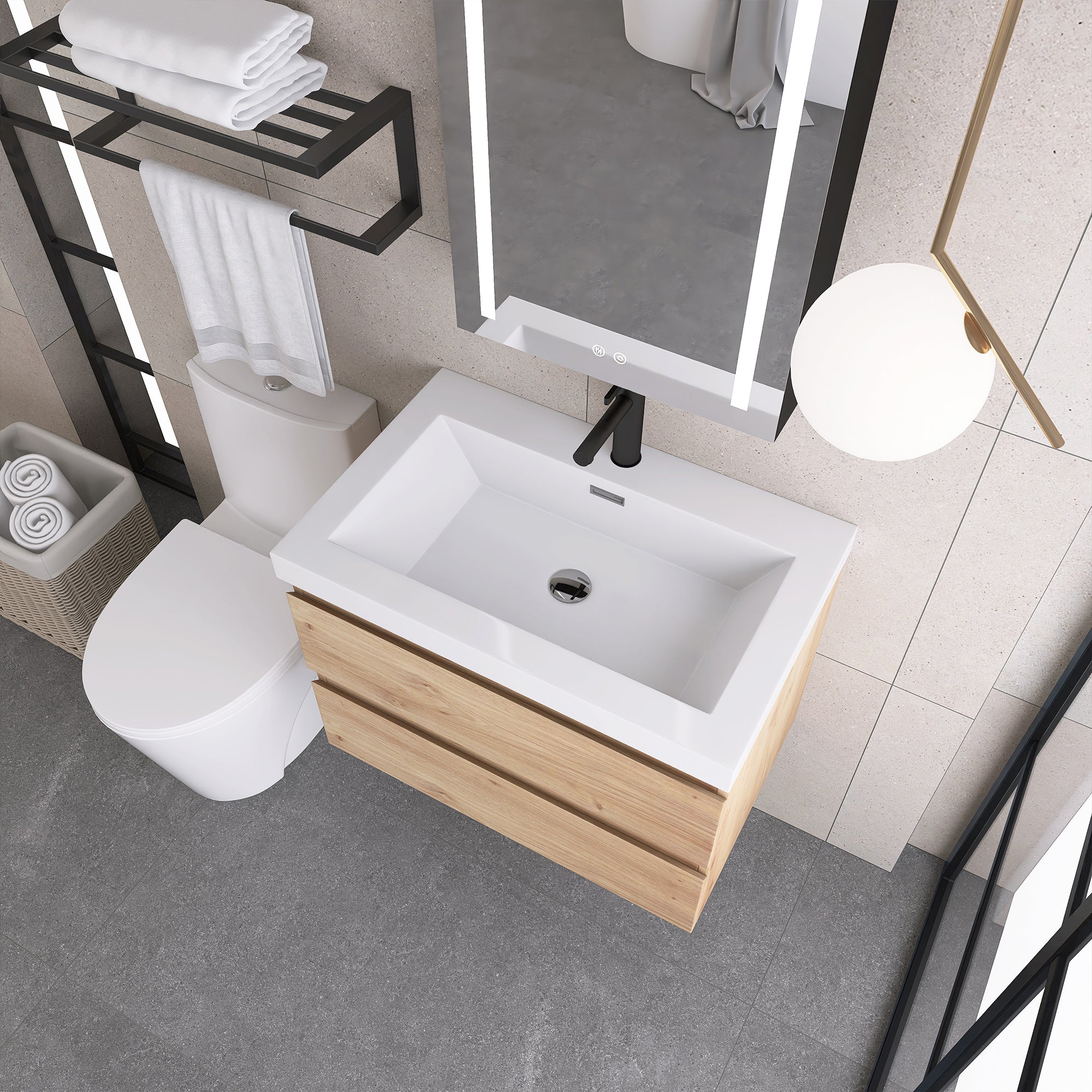 JimsMaison Wall-Mounted 2-drawer Bathroom Vanity Set with Integrated Resin Sink