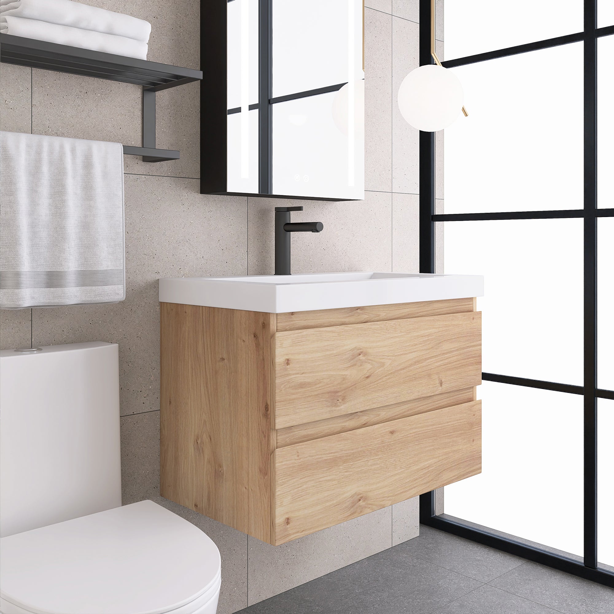 JimsMaison Wall-Mounted 2-drawer Bathroom Vanity Set with Integrated Resin Sink