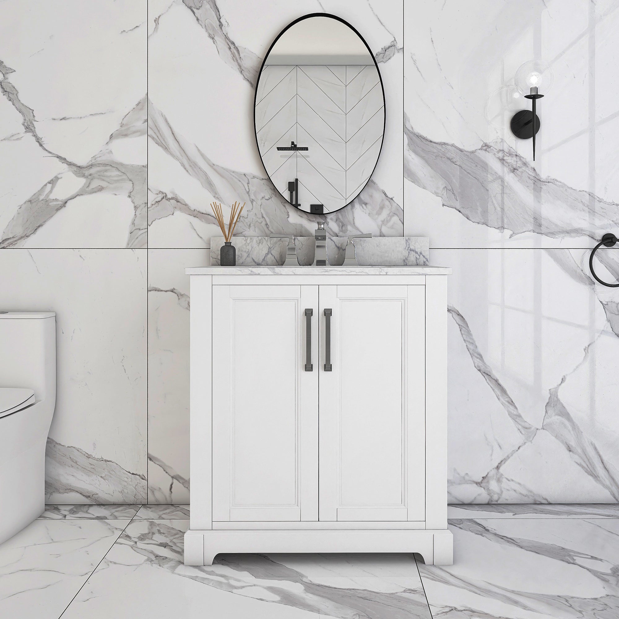 30 in. W x 22 in. D x 33 in. H Bath Vanity in White with Carrara White Marble Top