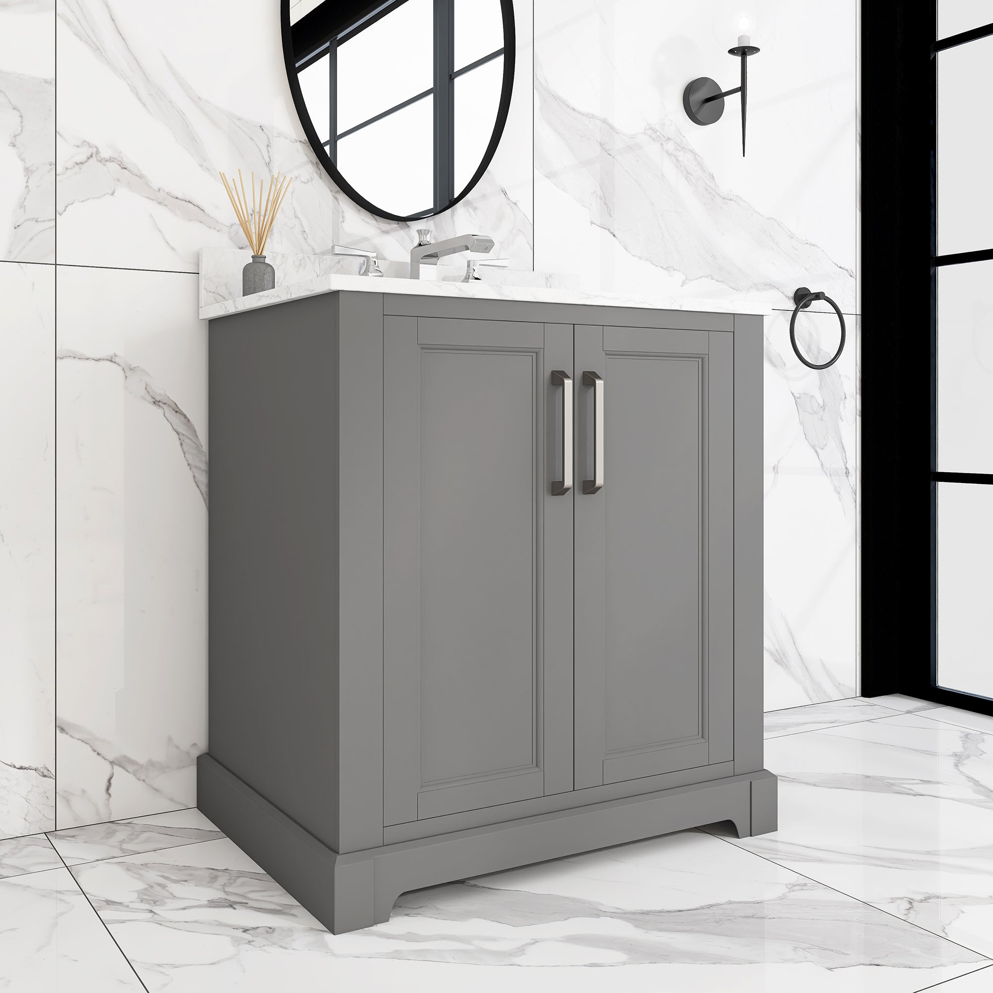 30 in. W x 22 in. D x 33 in. H Bath Vanity in Grey with Carrara White Marble Top