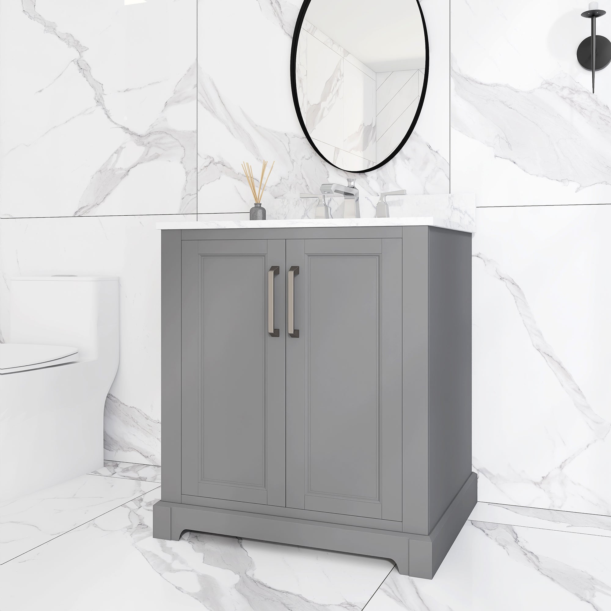 30 in. W x 22 in. D x 33 in. H Bath Vanity in Grey with Carrara White Marble Top