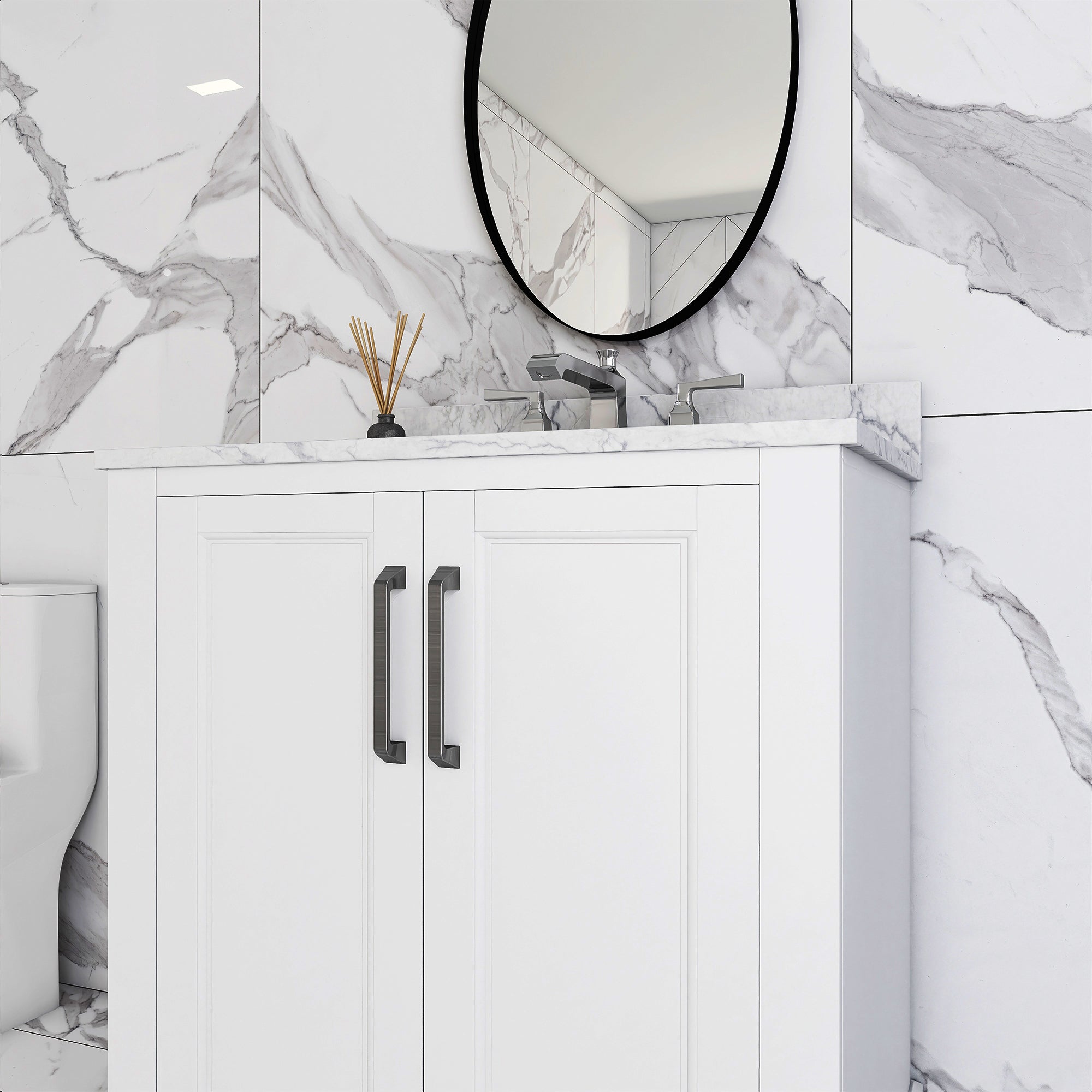 30 in. W x 22 in. D x 33 in. H Bath Vanity in White with Carrara White Marble Top