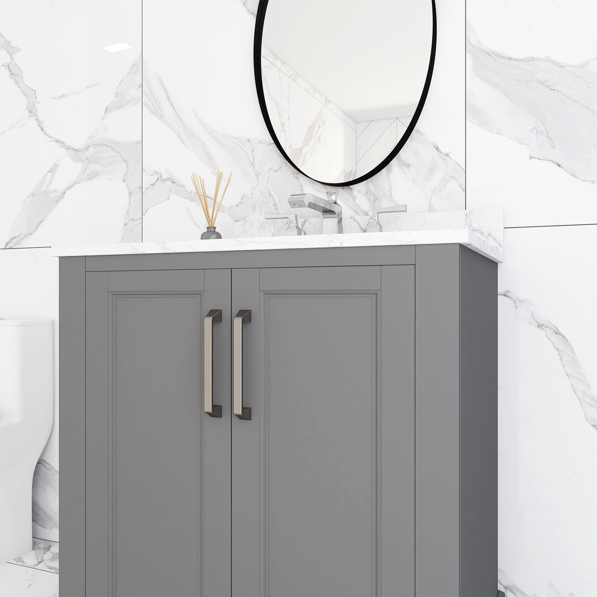 30 in. W x 22 in. D x 33 in. H Bath Vanity in Grey with Carrara White Marble Top