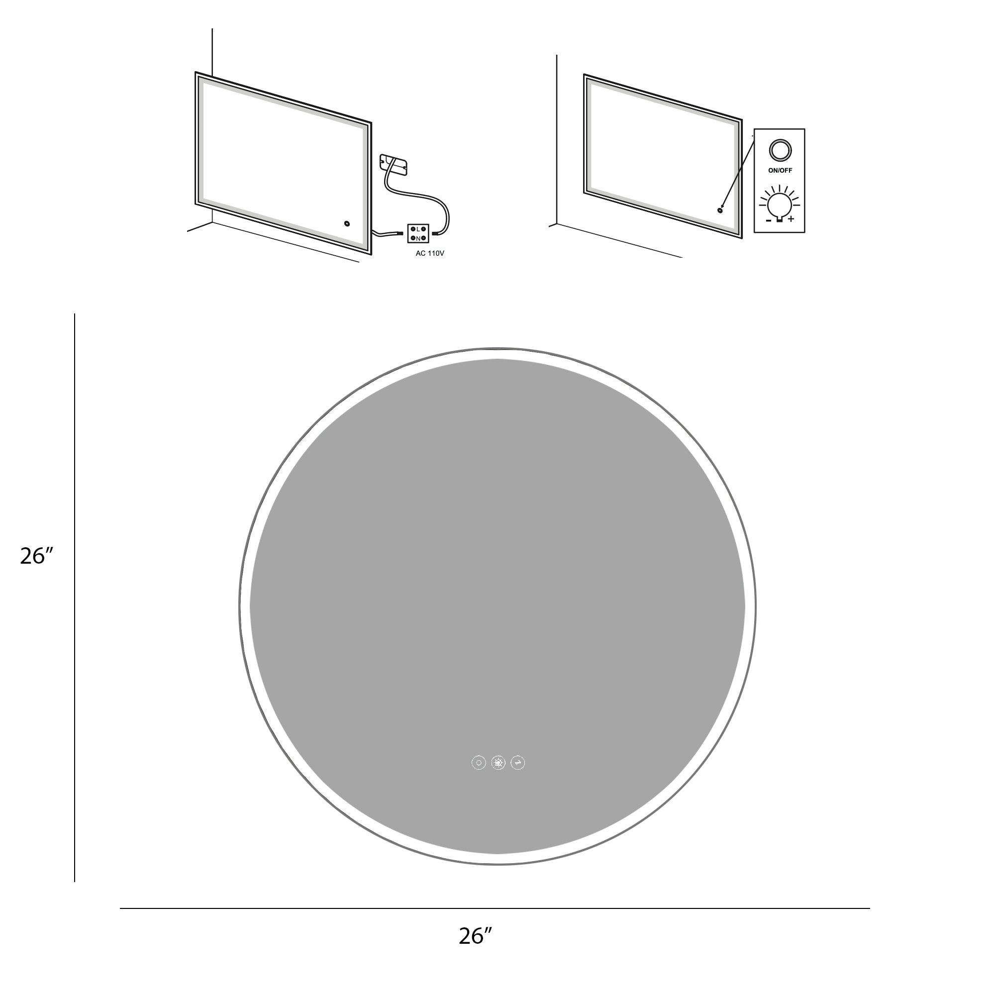 26" Acrylic led round mirror anti fog switch Touch bathroom