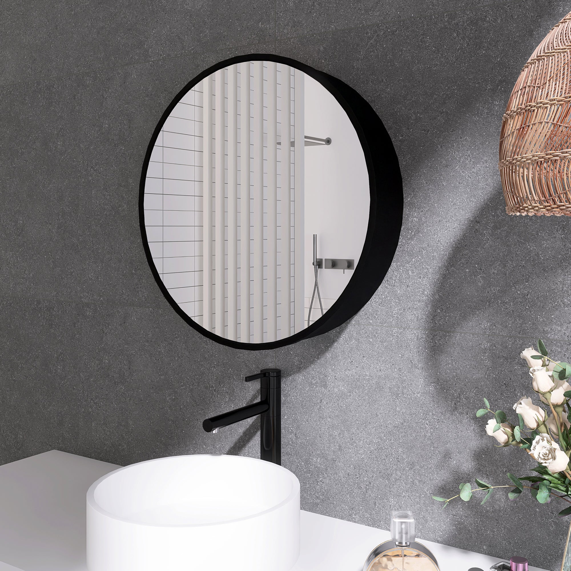 Staykiwi Medicine Cabinet Round 24 x 24 Inch, Wall Mount Bathroom Cabinet with Mirror, Circular Black Metal Framed Bath Storage Cabinet Surface Mounted