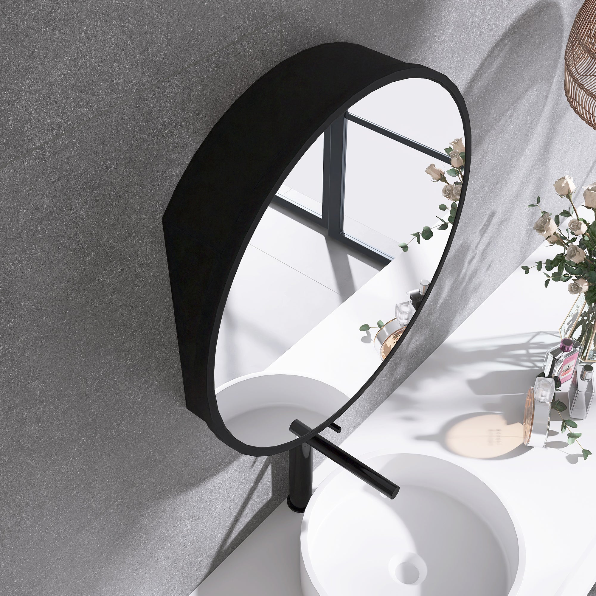 Staykiwi Medicine Cabinet Round 24 x 24 Inch, Wall Mount Bathroom Cabinet with Mirror, Circular Black Metal Framed Bath Storage Cabinet Surface Mounted