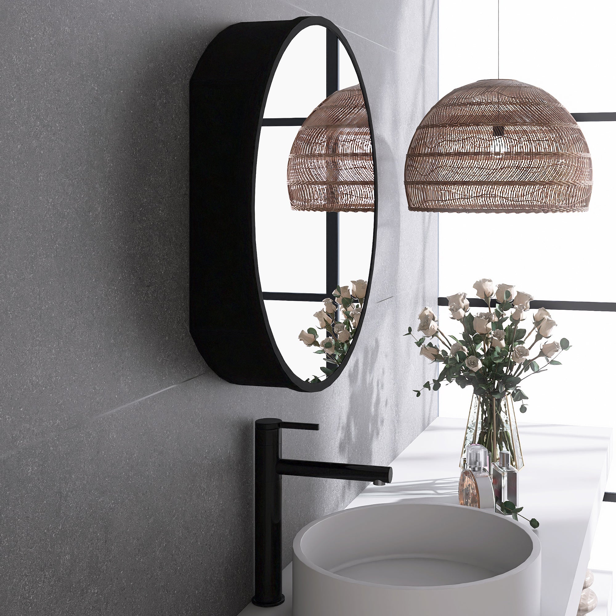 Staykiwi Medicine Cabinet Round 24 x 24 Inch, Wall Mount Bathroom Cabinet with Mirror, Circular Black Metal Framed Bath Storage Cabinet Surface Mounted