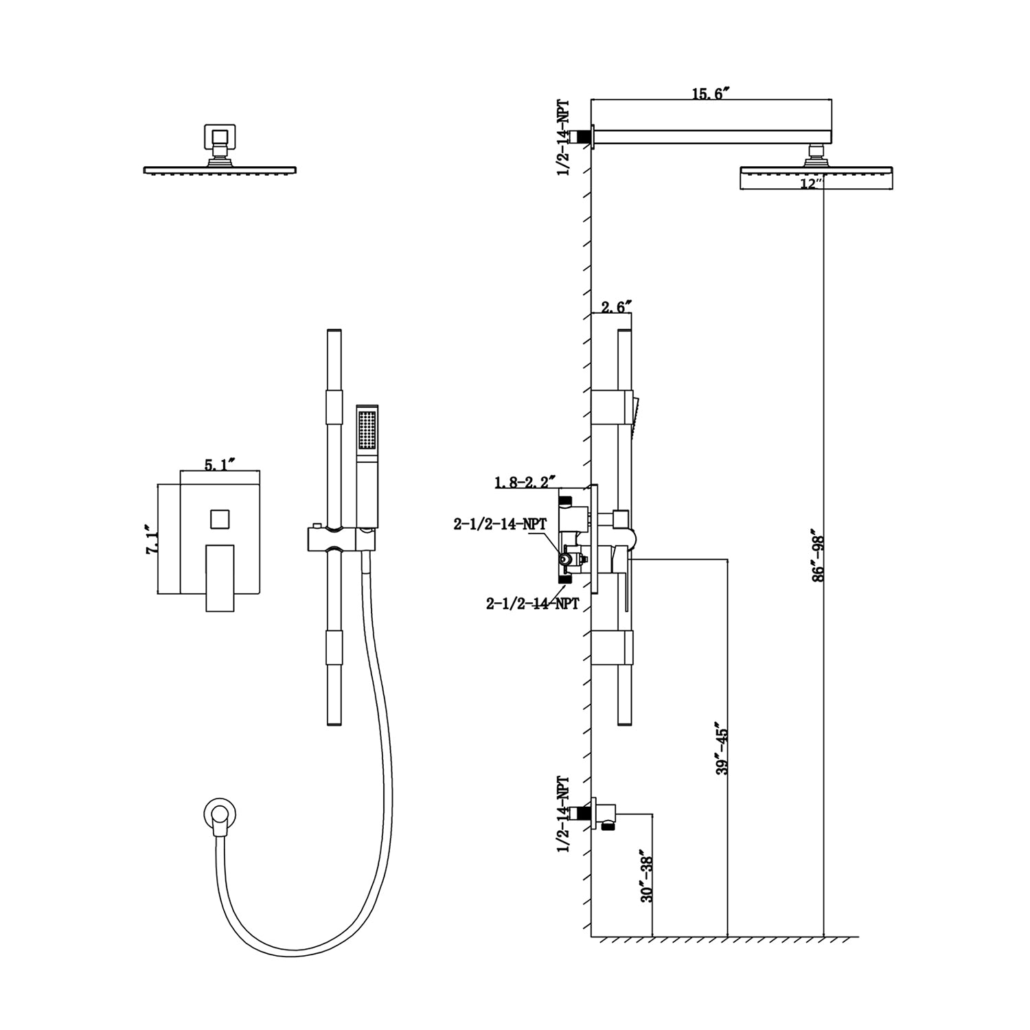 12" Rain Shower Head Systems Wall Mounted Shower with Rough-In Valve