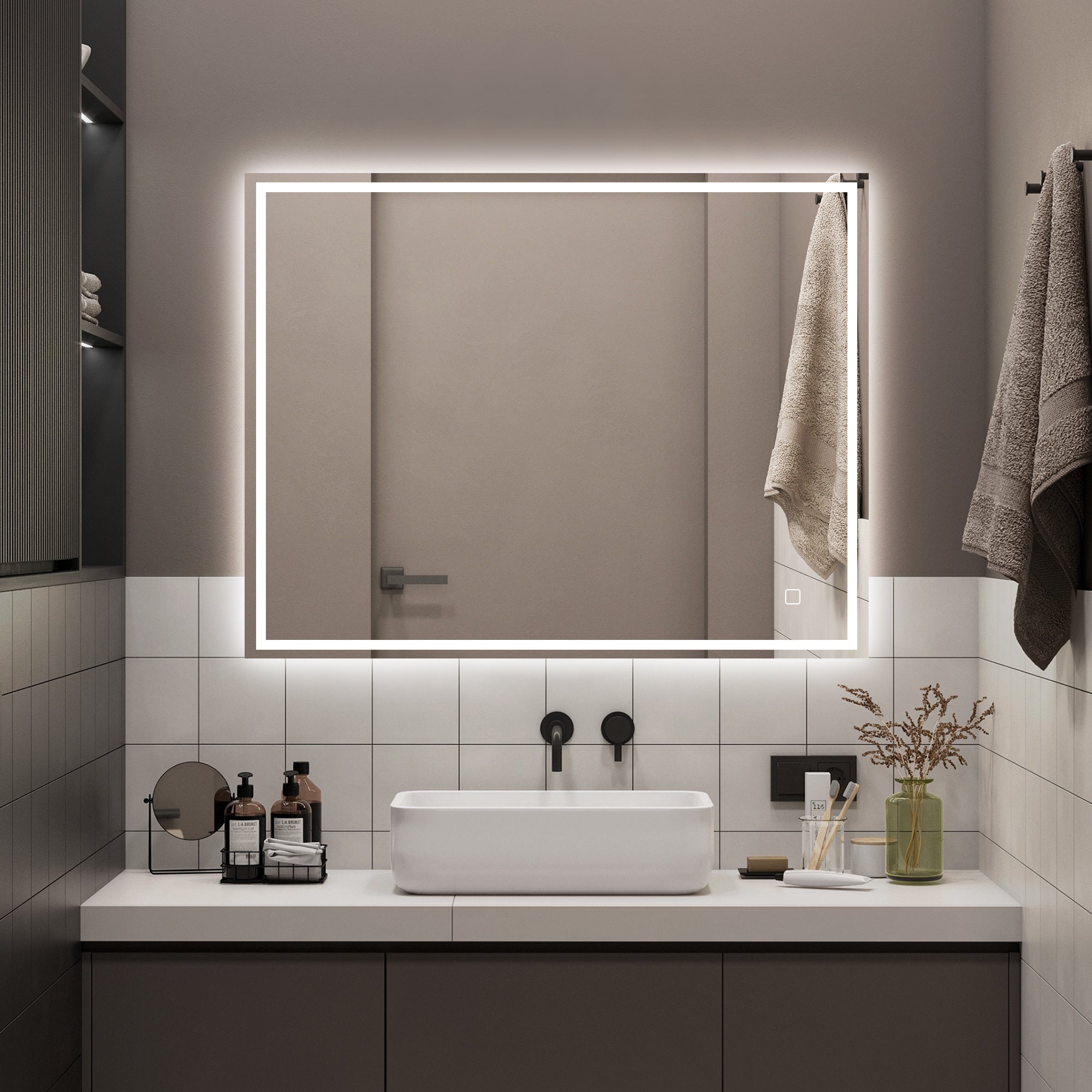 28 in. W x 35 in. H Large Rectangular  Frameless Wall-Mount Bathroom Vanity Mirror with Anti-Fog LED Light