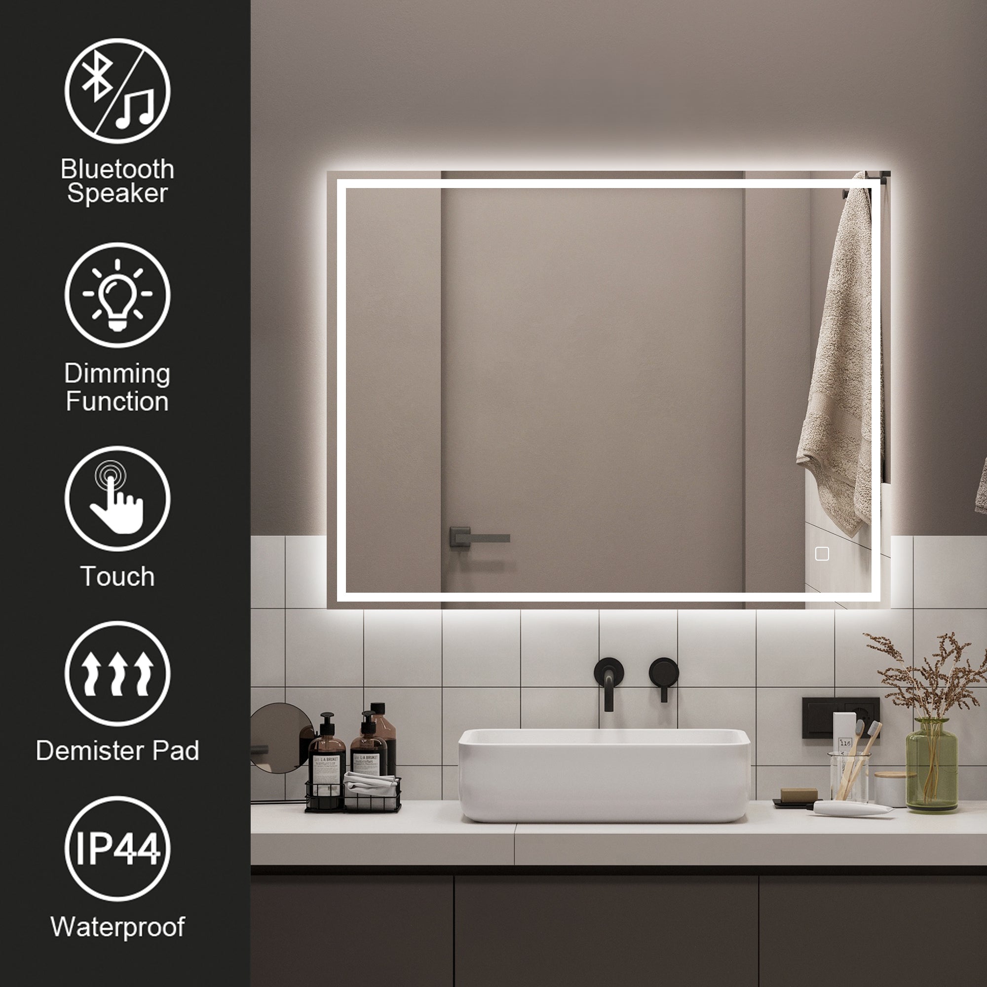 28 in. W x 35 in. H Large Rectangular  Frameless Wall-Mount Bathroom Vanity Mirror with Anti-Fog LED Light