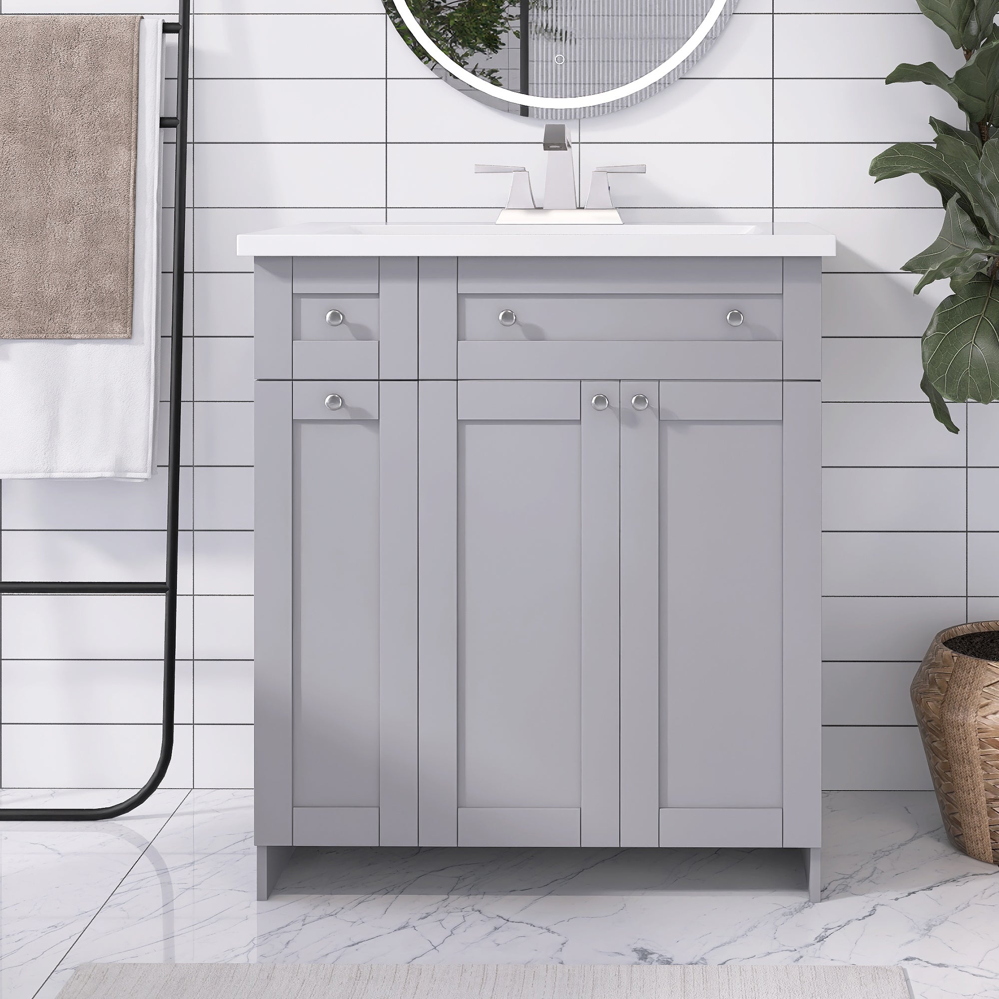 30 inch Freestanding Bath Vanity in Grey with White Resin Top