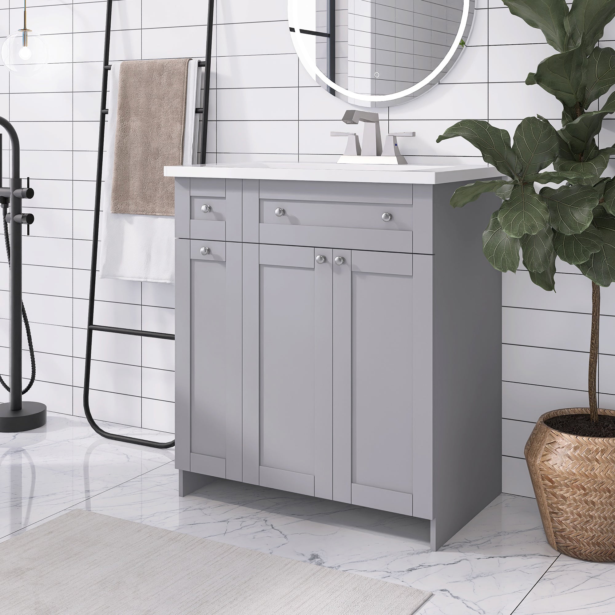30 inch Freestanding Bath Vanity in Grey with White Resin Top