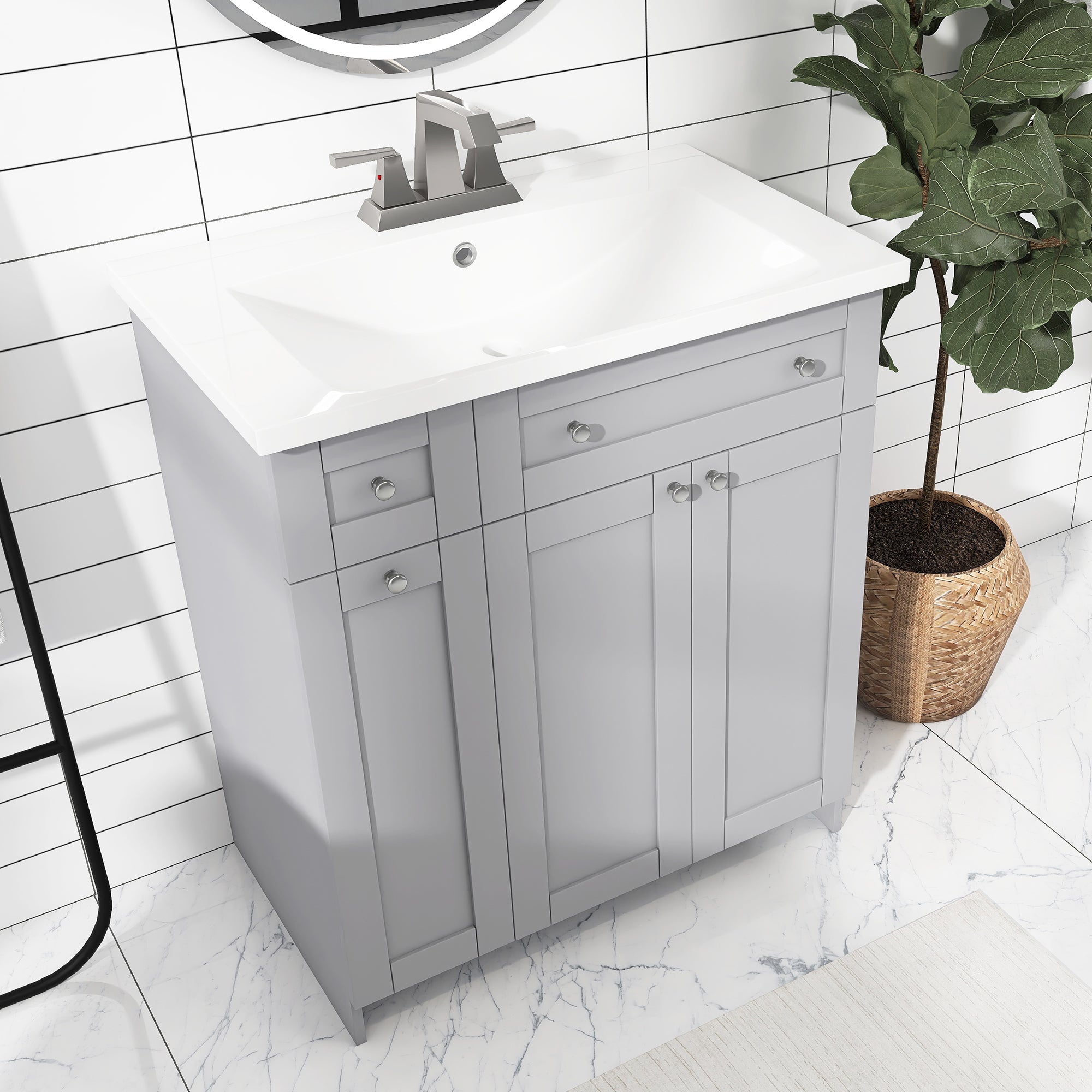 30 inch Freestanding Bath Vanity in Grey with White Resin Top
