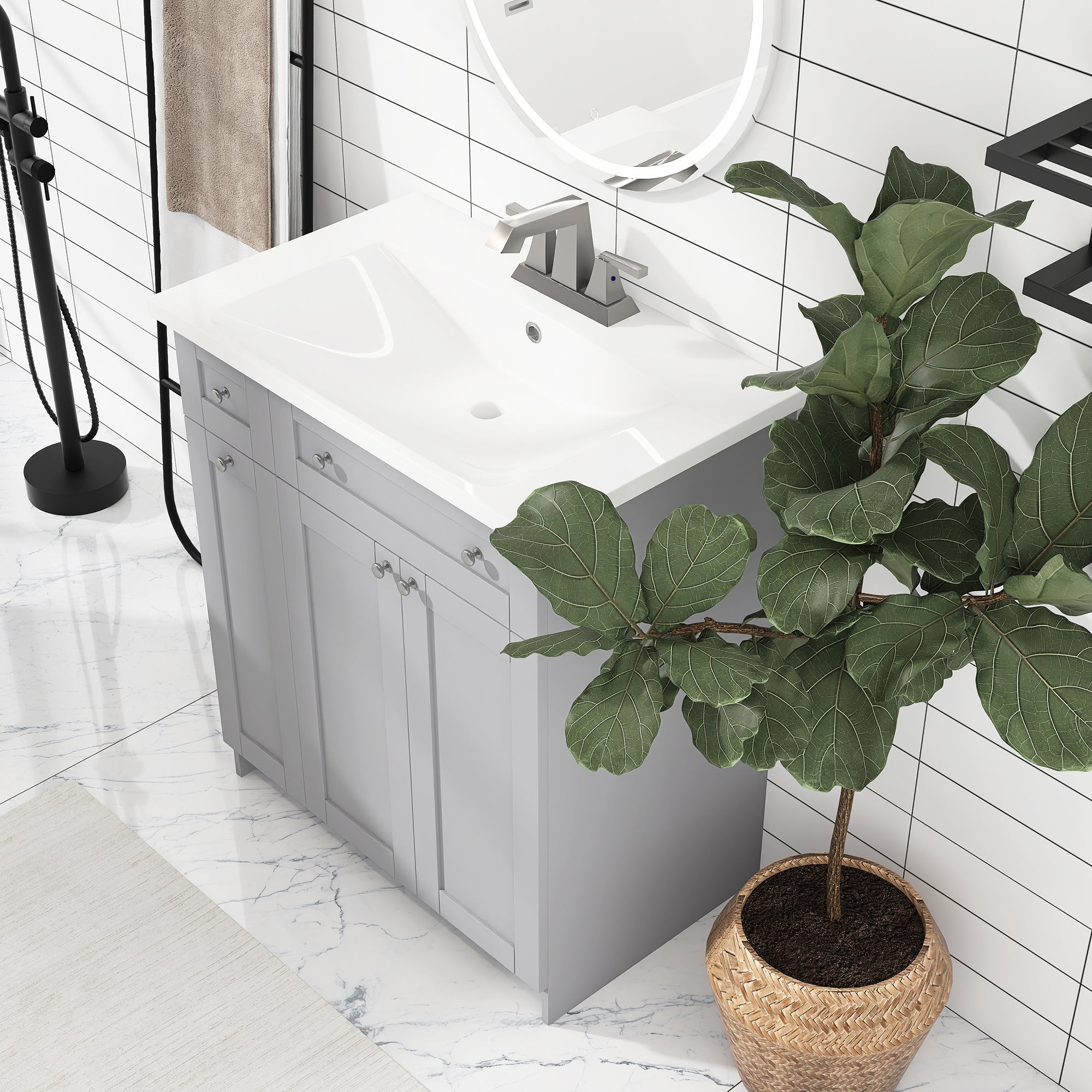 30 inch Freestanding Bath Vanity in Grey with White Resin Top