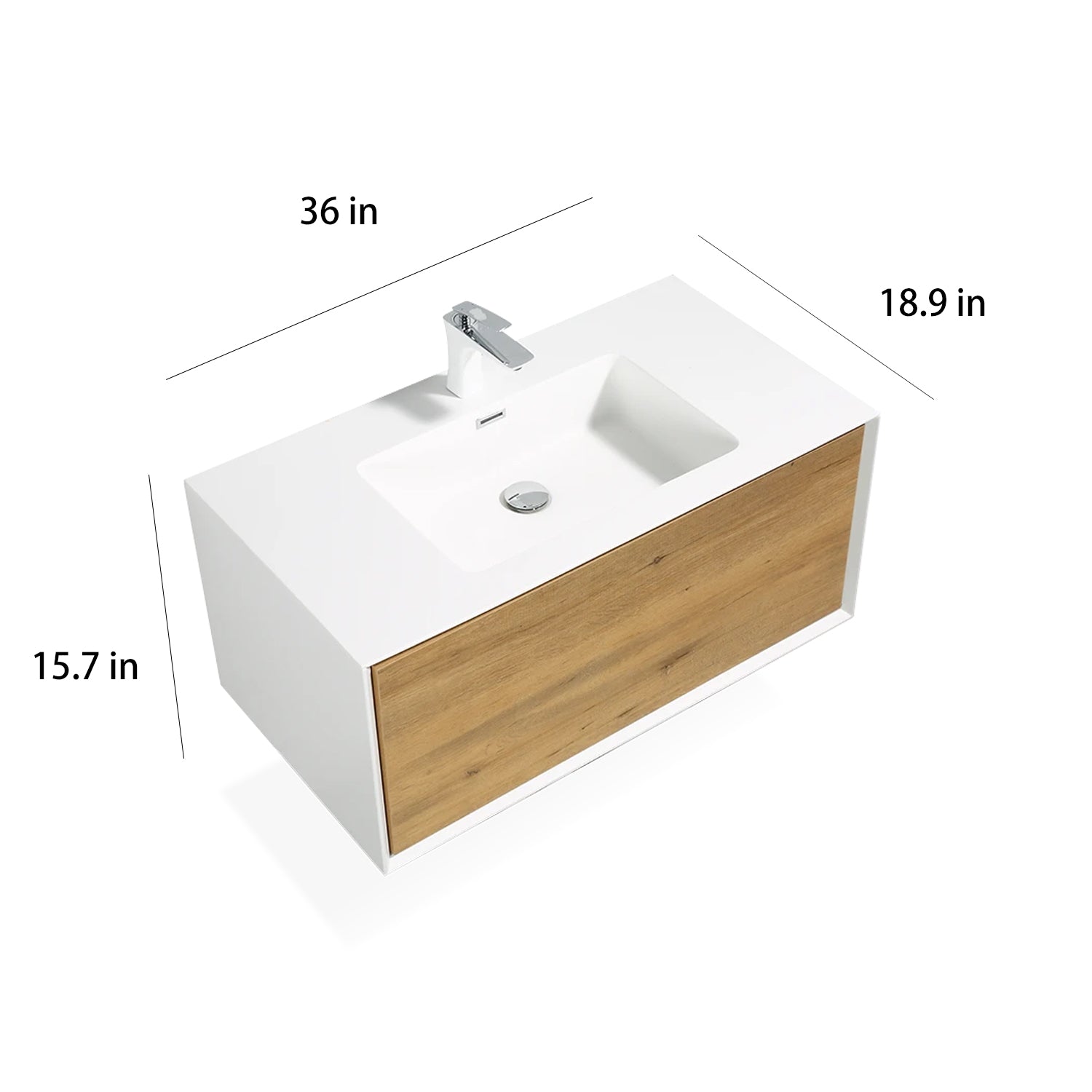 Wall-Mounted 1-drawer Bathroom Vanity Set in White and Oak with Integrated Solid Surface Sink