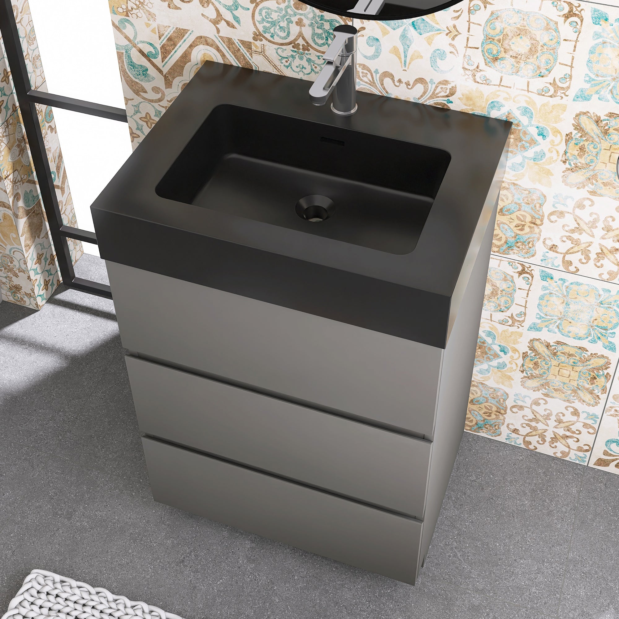 Wood Freestanding Bathroom Vanity Set with Integrated Solid Surface Sink