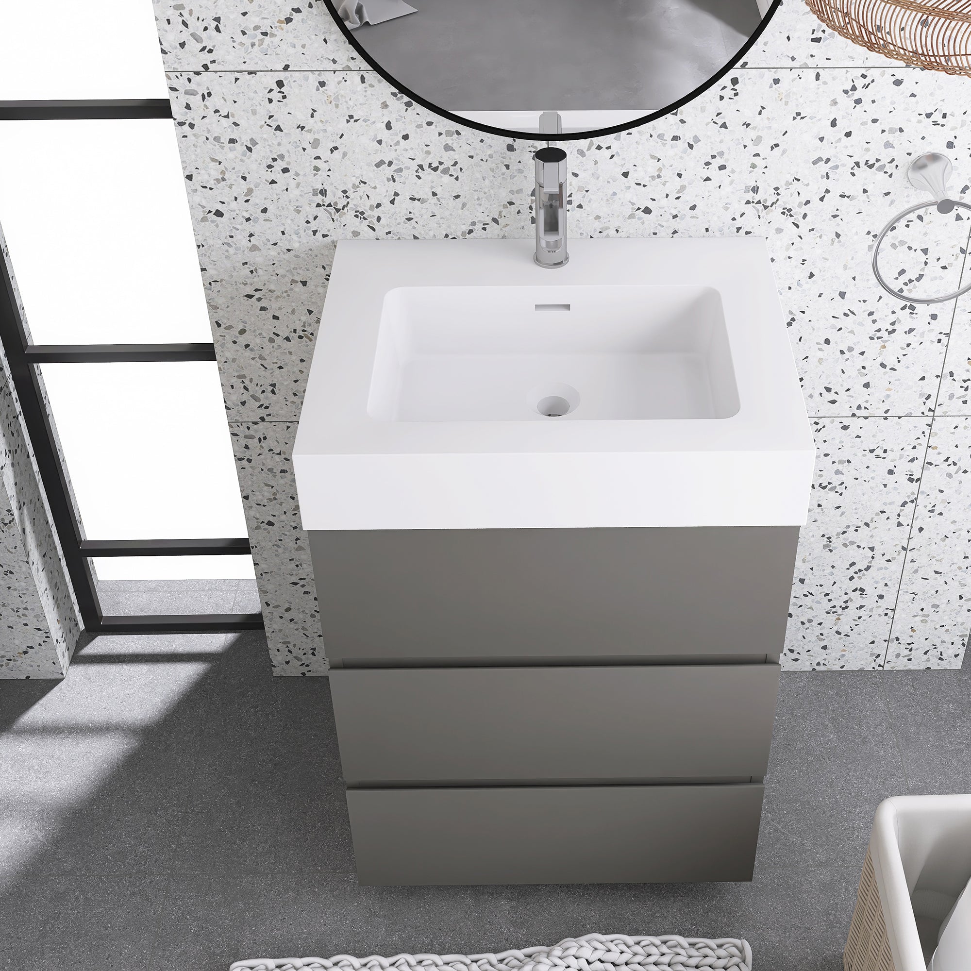 Wood Freestanding Bathroom Vanity Set with Integrated Solid Surface Sink