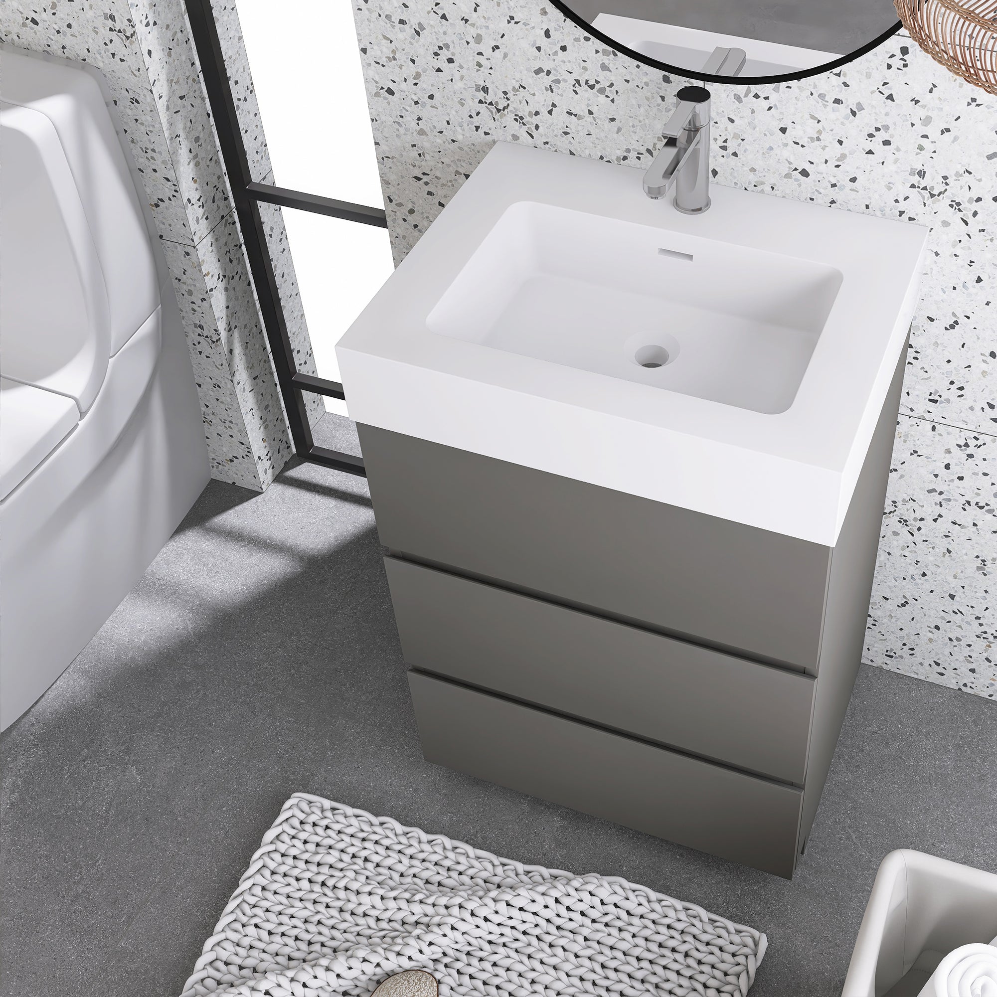 Wood Freestanding Bathroom Vanity Set with Integrated Solid Surface Sink