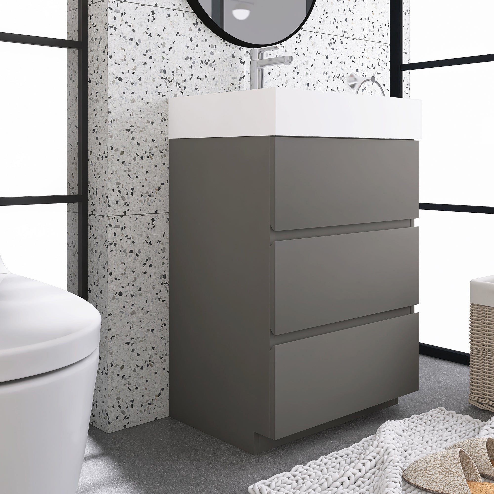 Wood Freestanding Bathroom Vanity Set with Integrated Solid Surface Sink