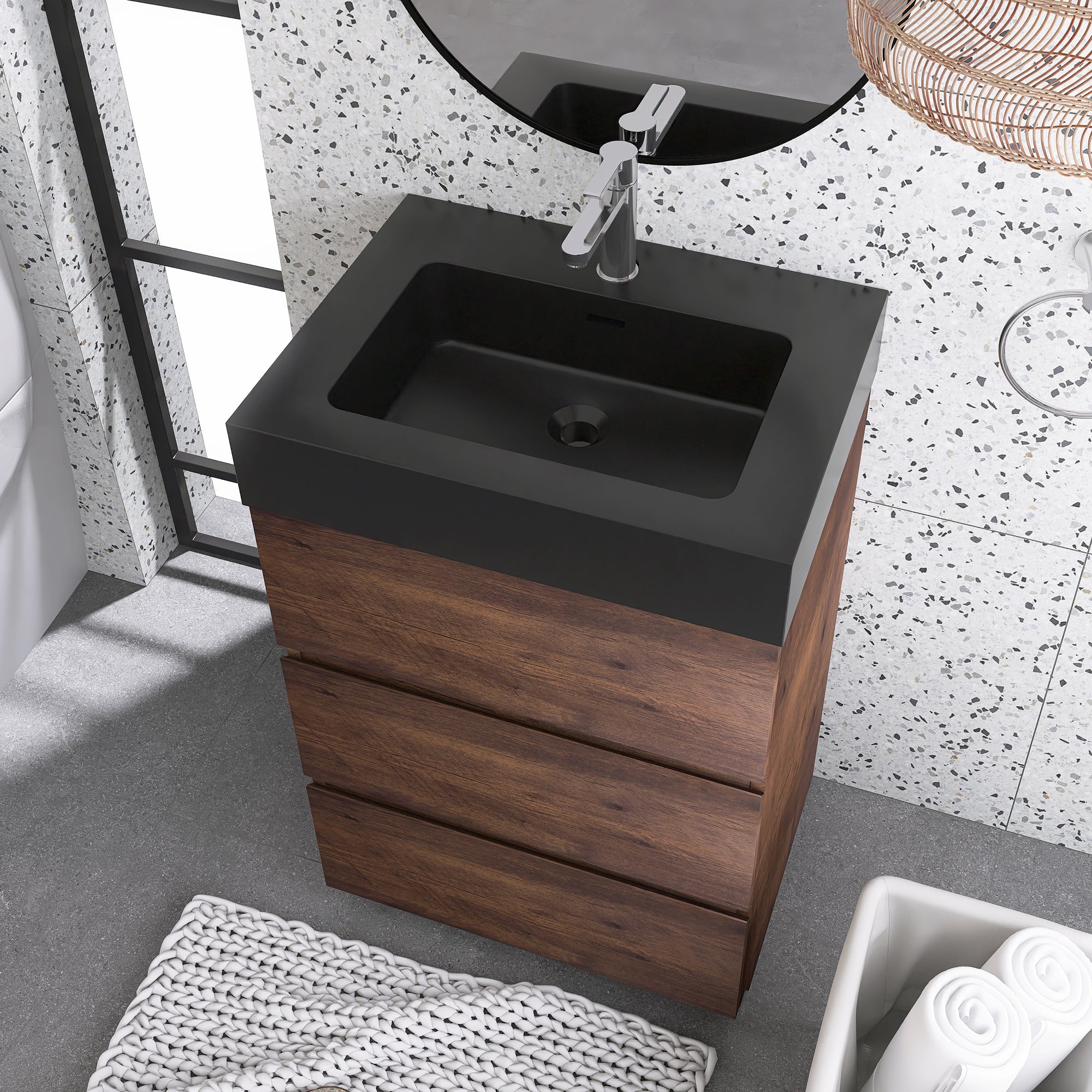 Wood Freestanding Bathroom Vanity Set with Integrated Solid Surface Sink