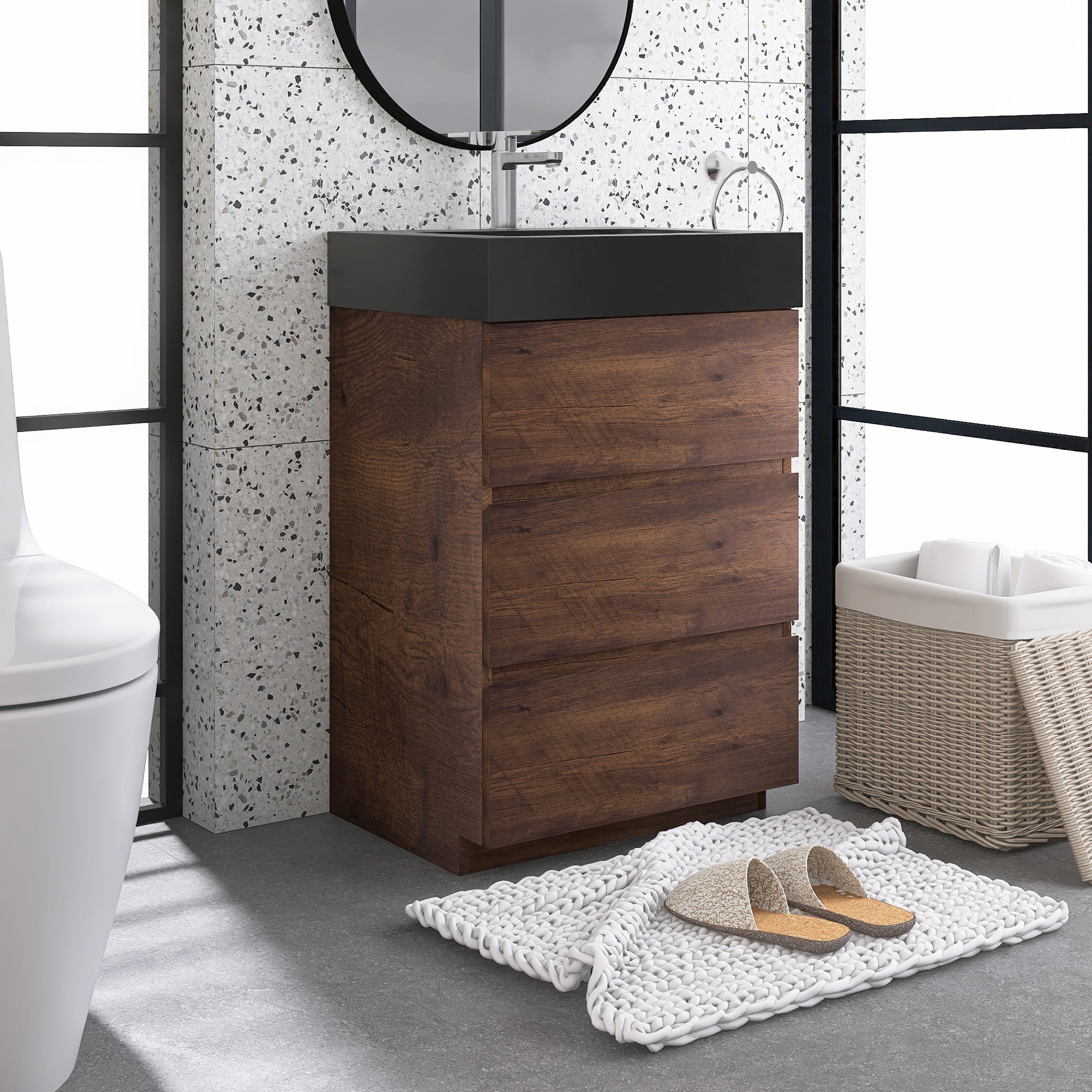 Wood Freestanding Bathroom Vanity Set with Integrated Solid Surface Sink