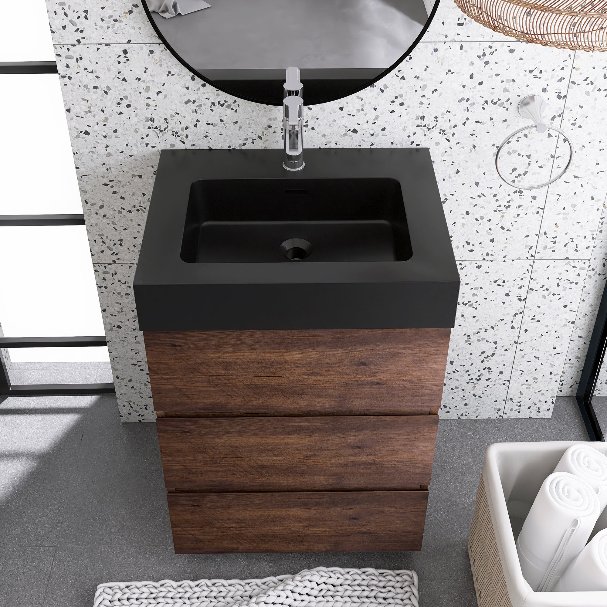 Wood Freestanding Bathroom Vanity Set with Integrated Solid Surface Sink