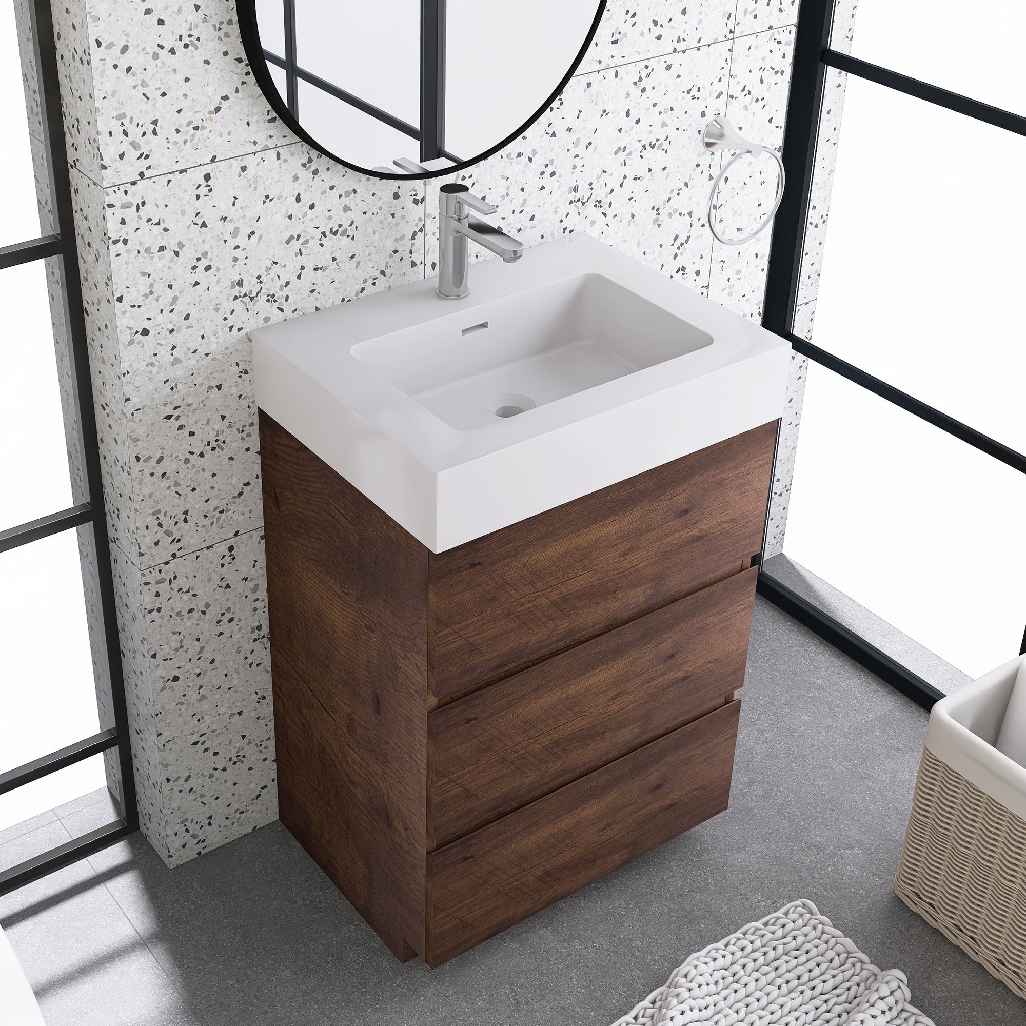 Wood Freestanding Bathroom Vanity Set with Integrated Solid Surface Sink