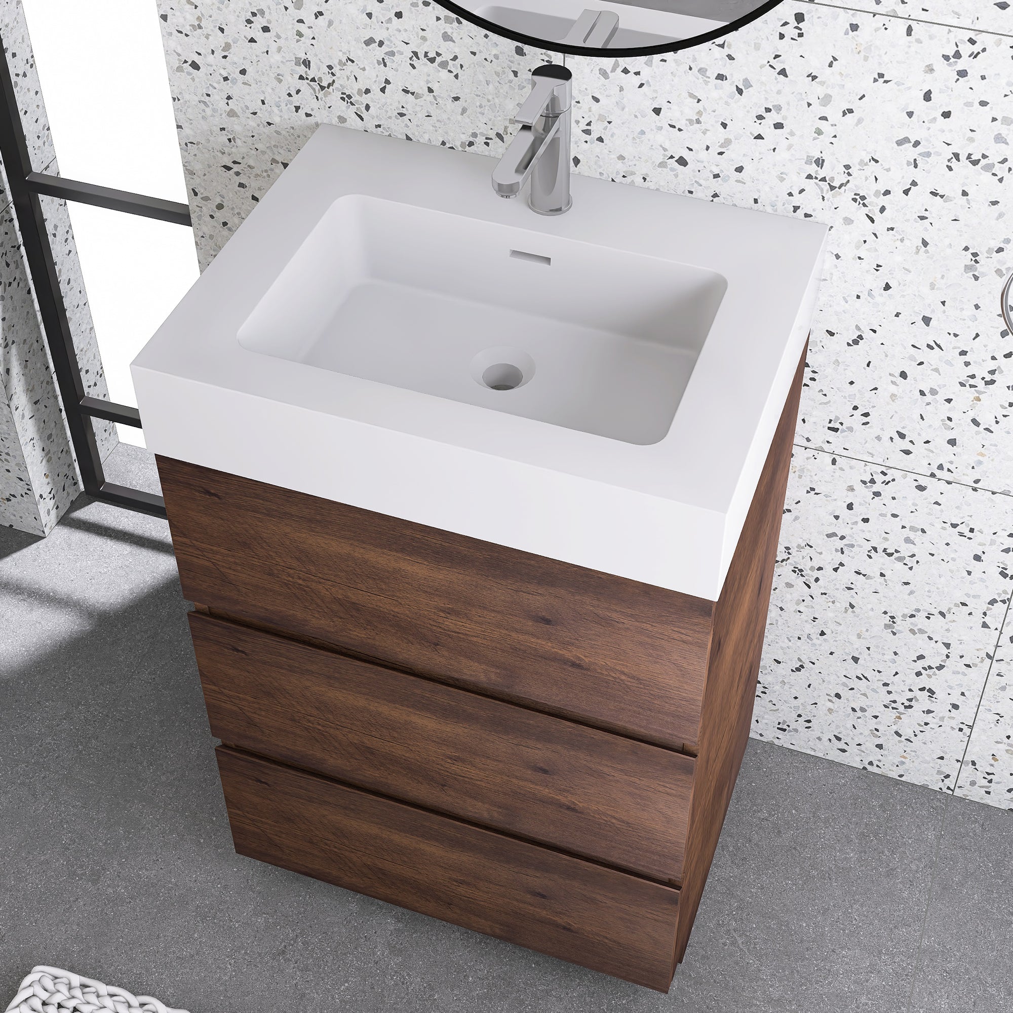 Wood Freestanding Bathroom Vanity Set with Integrated Solid Surface Sink