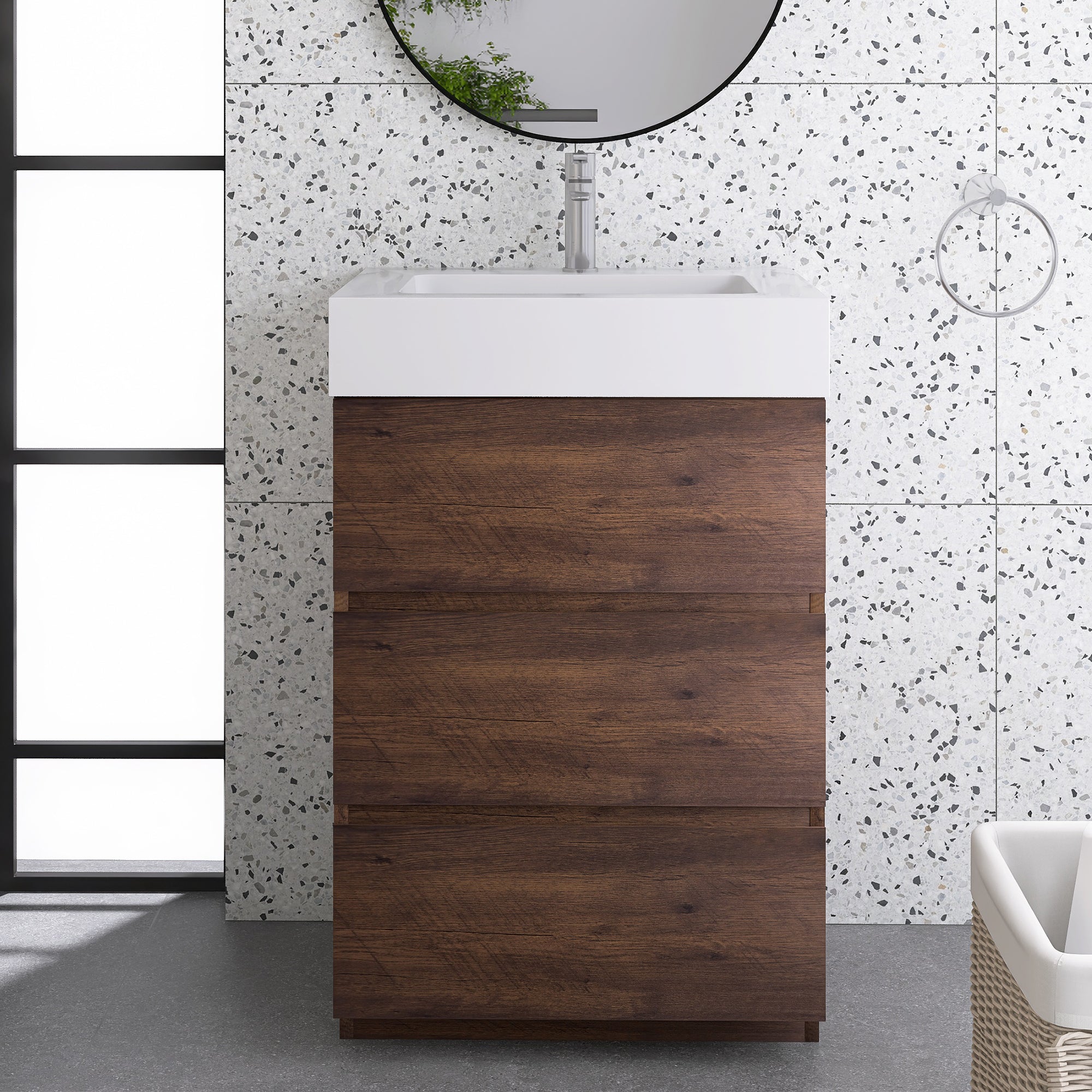 Wood Freestanding Bathroom Vanity Set with Integrated Solid Surface Sink