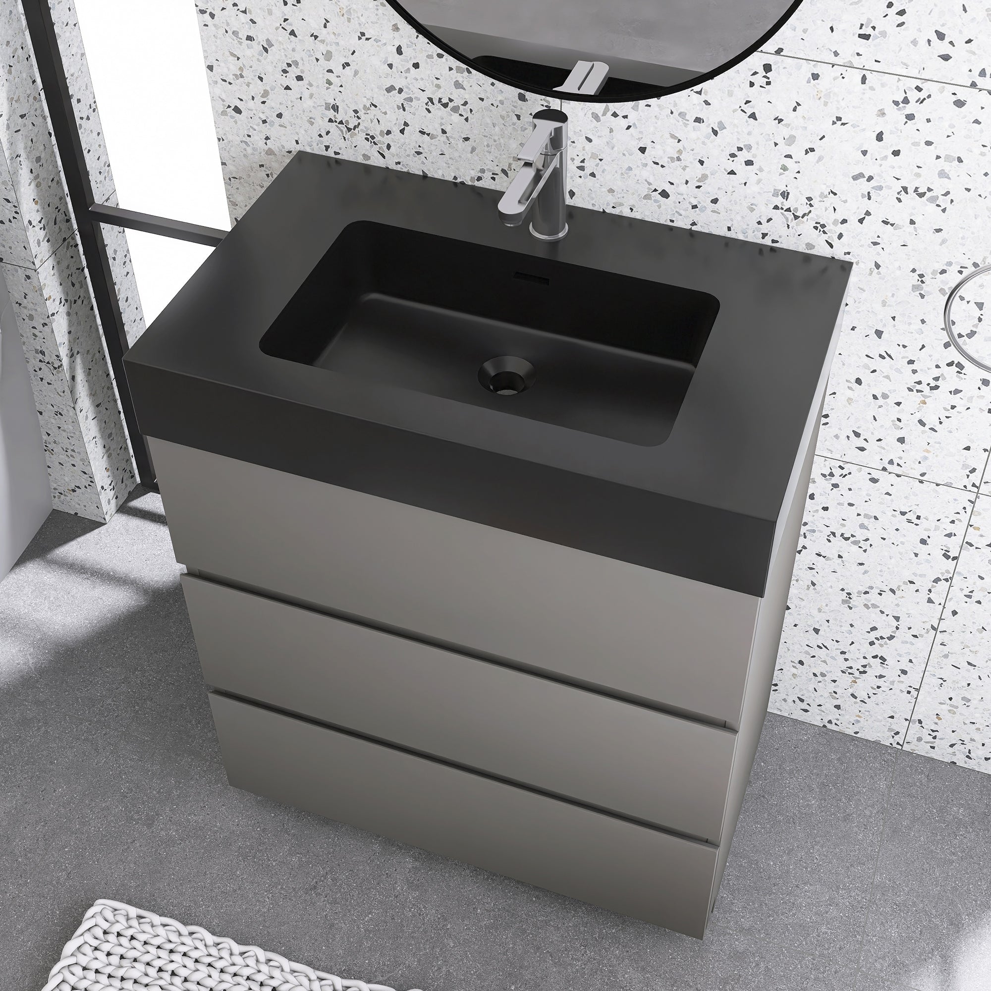 Wood Freestanding Bathroom Vanity Set with Integrated Solid Surface Sink