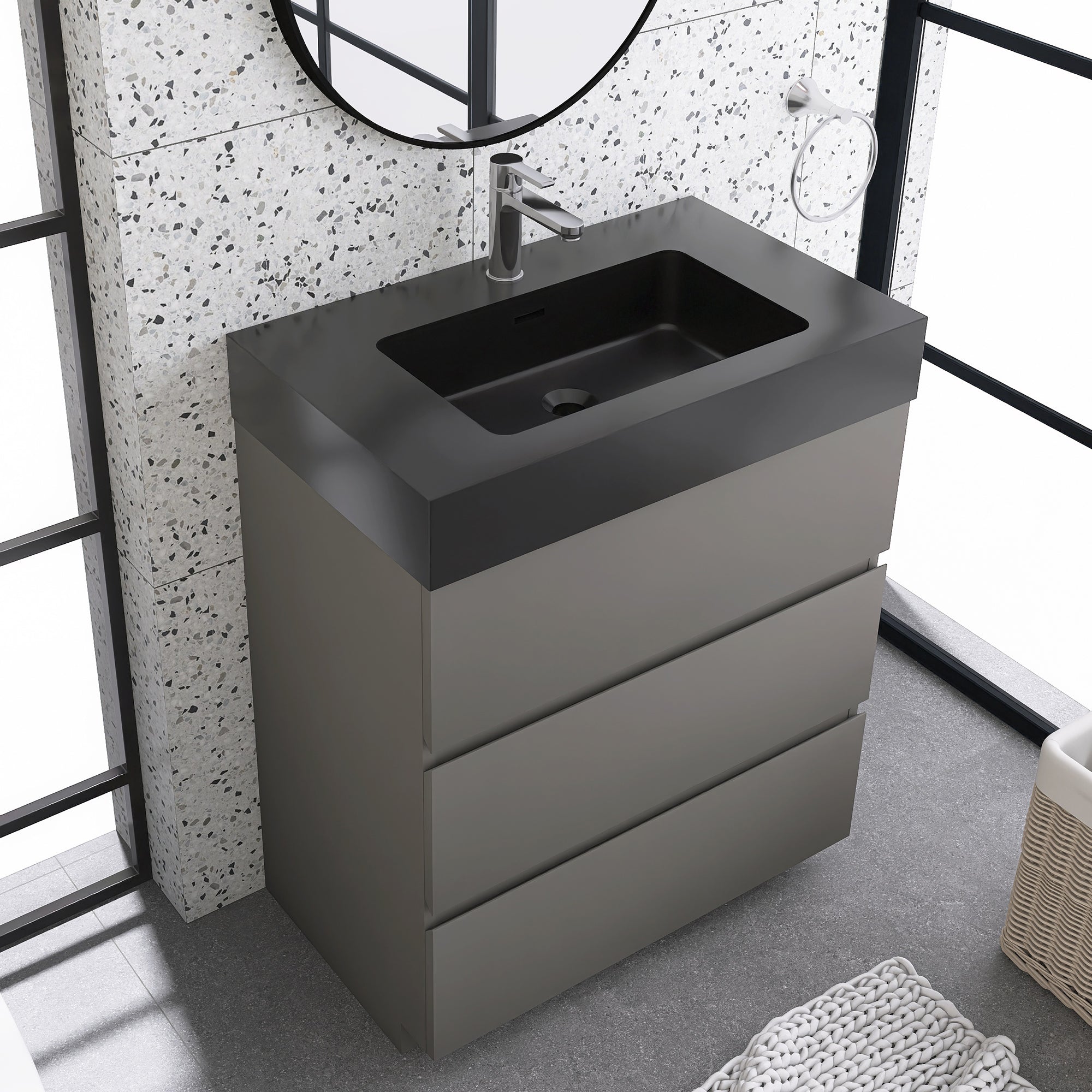 Wood Freestanding Bathroom Vanity Set with Integrated Solid Surface Sink