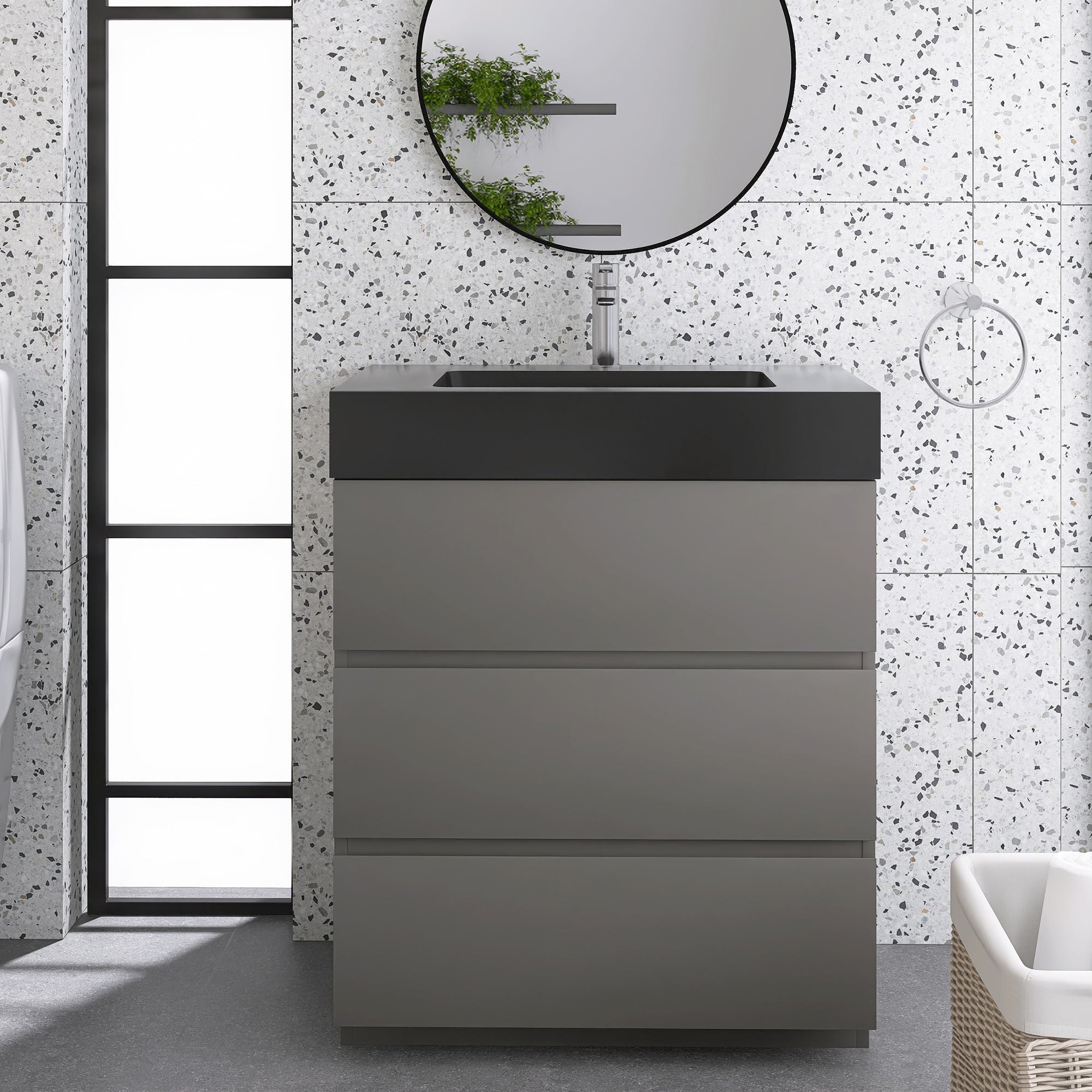 Wood Freestanding Bathroom Vanity Set with Integrated Solid Surface Sink