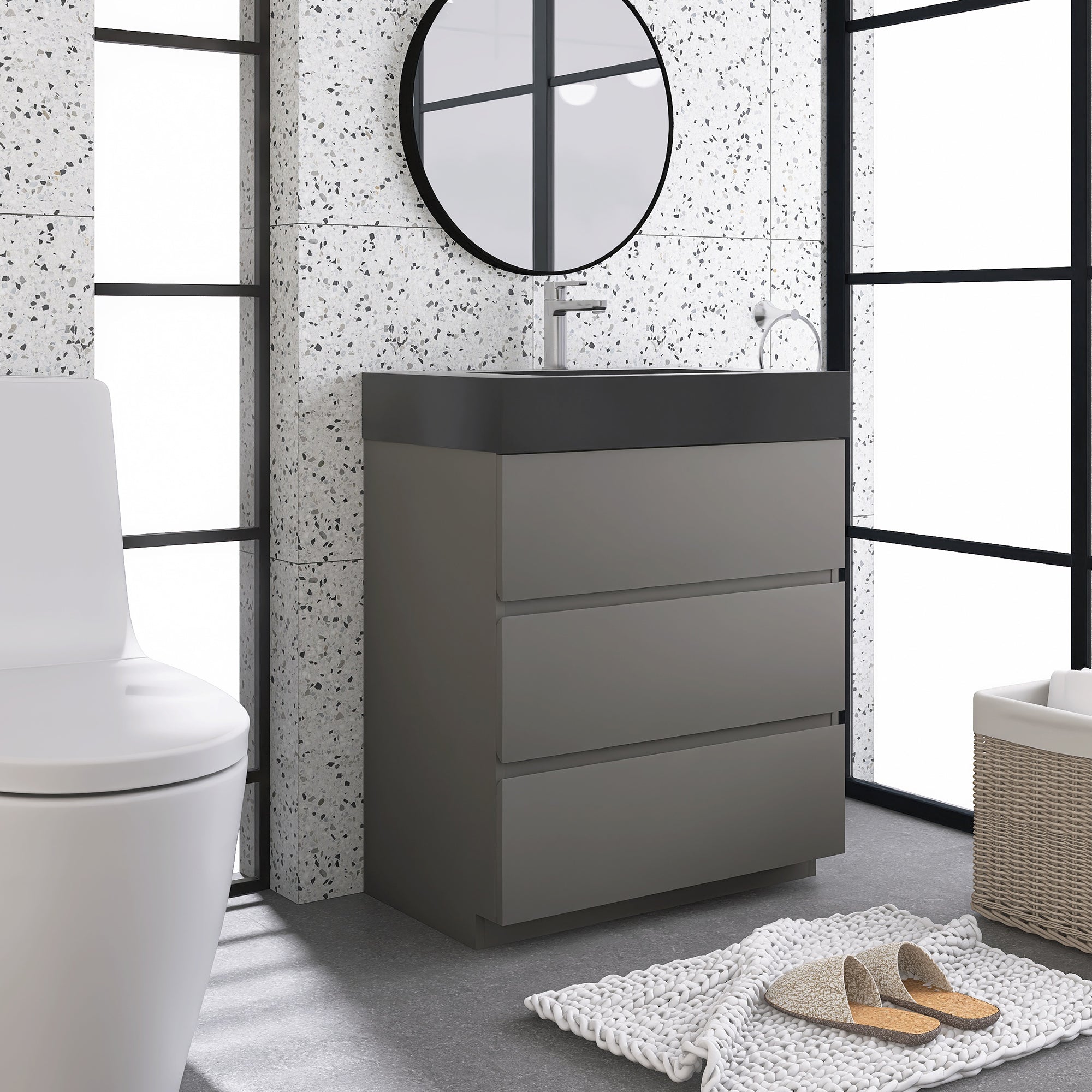 Wood Freestanding Bathroom Vanity Set with Integrated Solid Surface Sink