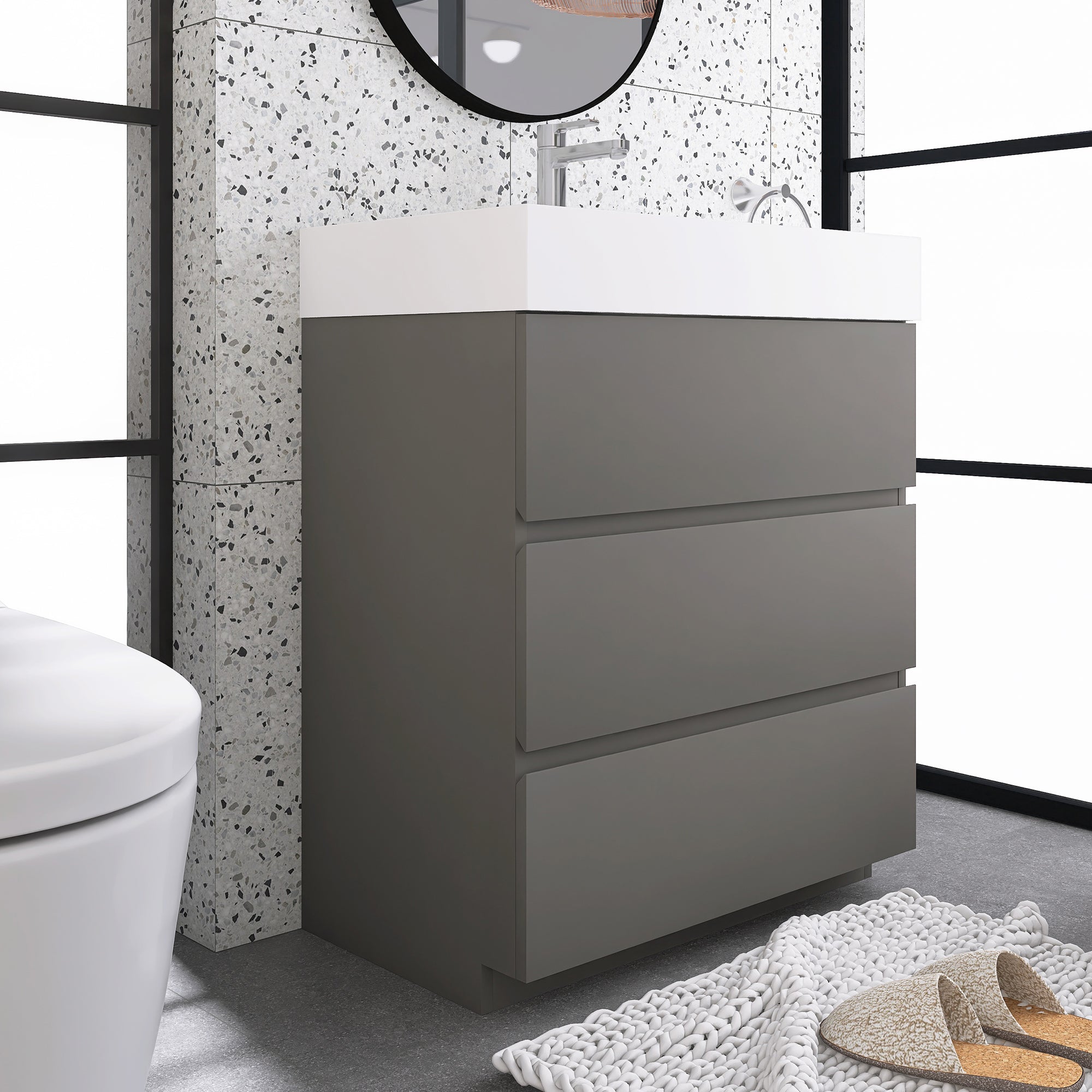 Wood Freestanding Bathroom Vanity Set with Integrated Solid Surface Sink