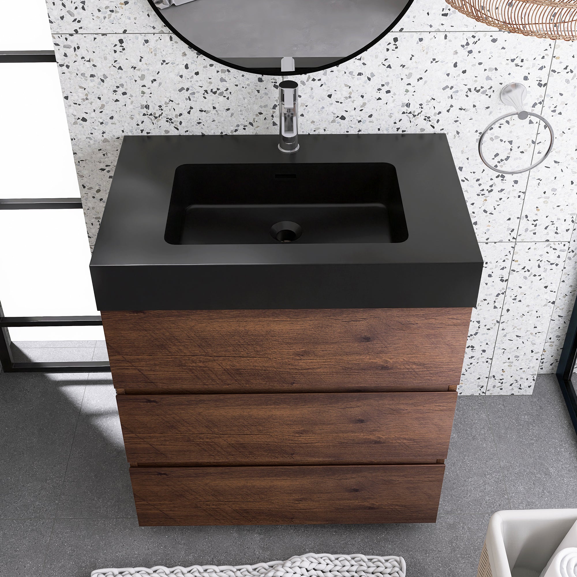 Wood Freestanding Bathroom Vanity Set with Integrated Solid Surface Sink