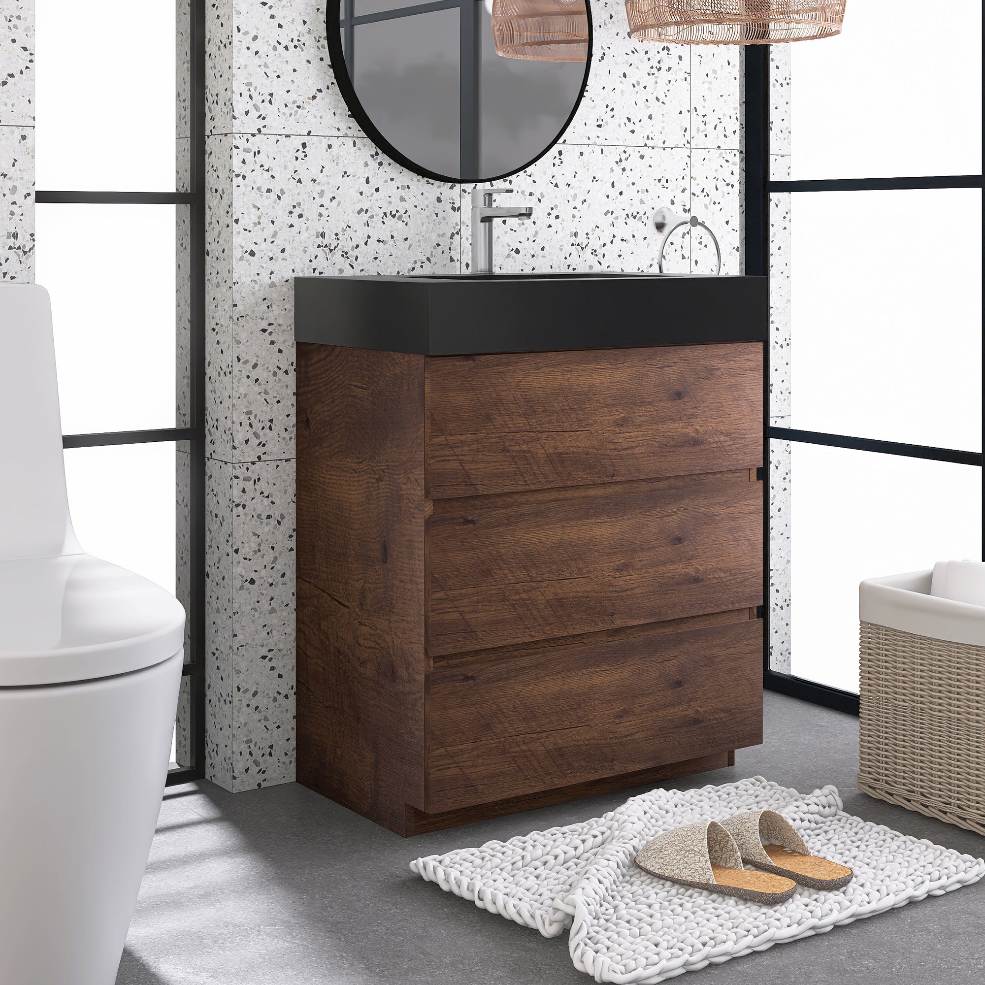 Wood Freestanding Bathroom Vanity Set with Integrated Solid Surface Sink